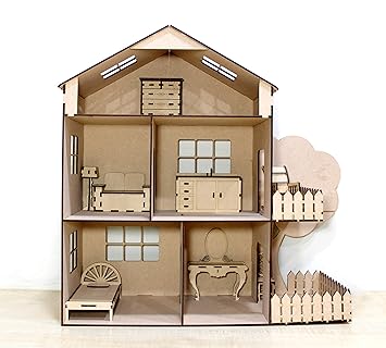 stonkraft Wooden dollhouse with furniture - construction toy, modeling kit, school project - easy to assemble (doll house with furniture) - pine wood, Beige(Pack of 1 set)