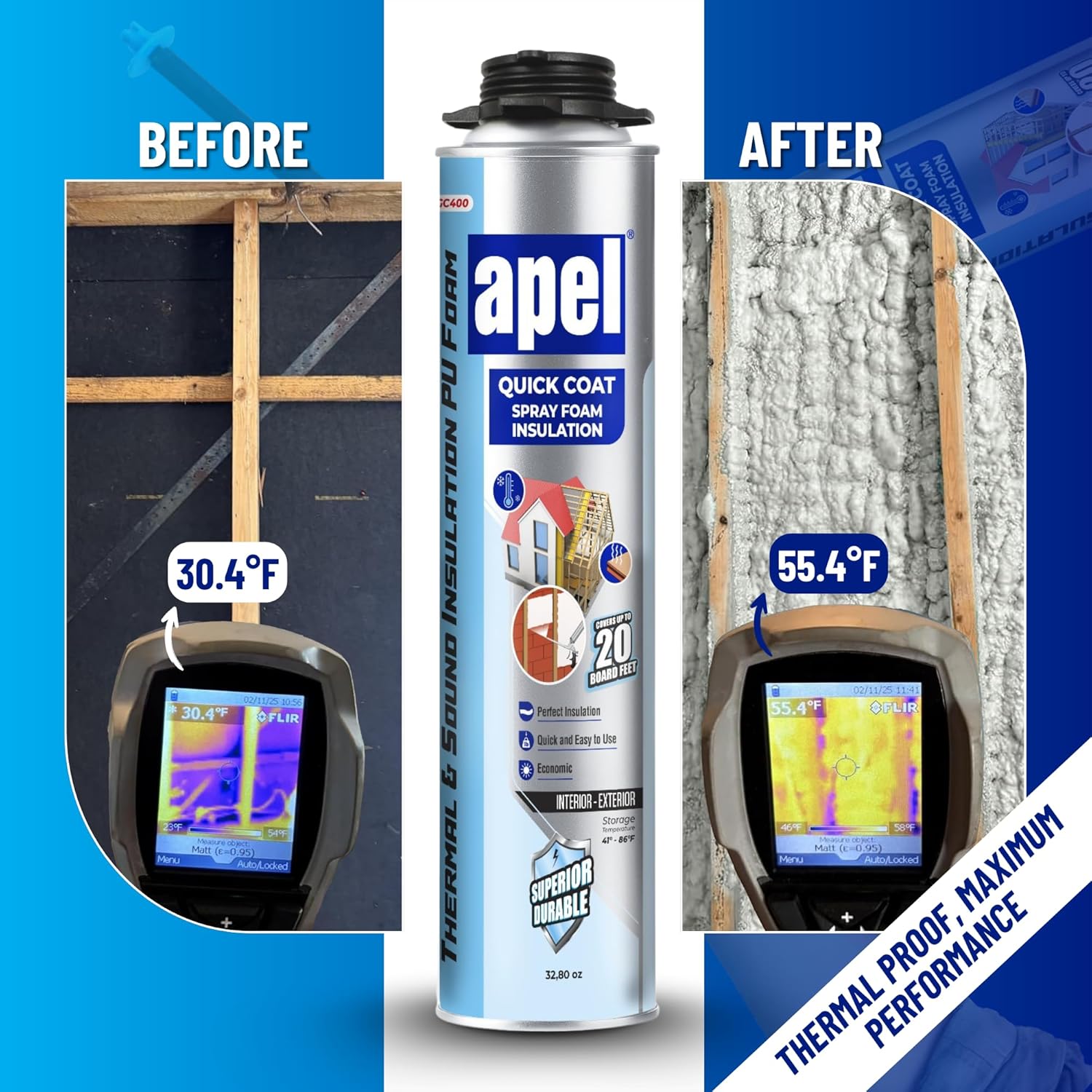 apel Spray Foam Insulation Kit (36 x 32.80 oz./720 Bd ft) Heat and Acoustic Insulation, Self Expanding Polyurethane Foam, Application Gun and Cleaner Included - 36 Pack