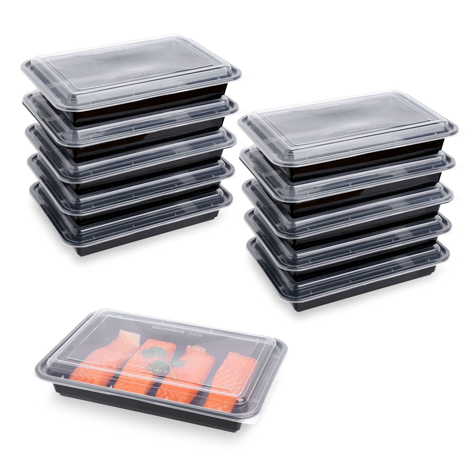 STACKABLES 10 Pack Plastic Large Flat Rectangular Black Food Containers with Clear Lids ~ BPA-Free ~ Microwave and Freezer Safe ~ Meal Prep Storage Deli Containers 58oz
