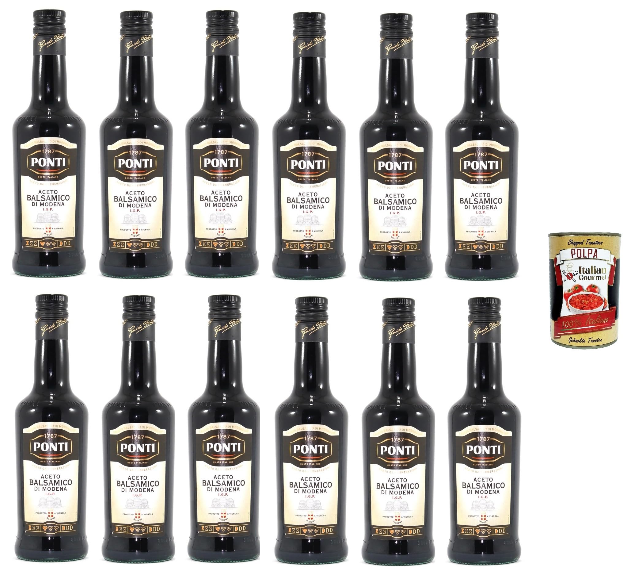 Italian Gourmet Aceto Balsamico di Modena IGP, Essig würzig fein 12 x 500ml | Condimento agrodolce per insalate e marinature; aromatisch zu Käse, Gemüse und, Gesamtnettogewicht 6 L + Kostenlos Polpa 400g