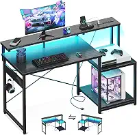 AODK Mesa de computador, mesa de jogos de 121 cm com luzes LED e tomada, mesa de escritório com prateleiras de armazenamento, mesa reversível com prateleira para monitor e gancho para fone de ouvido