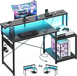 AODK Mesa de computador, mesa de jogos de 121 cm com luzes LED e tomada, mesa de escritório com prateleiras de armazenamento, mesa reversível com prateleira para monitor e gancho para fone de ouvido
