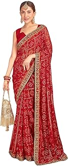 SIRIL Women's Georgette Bandhani Printed Sequence Embroidery Lace Saree With Unstitched Blouse Piece