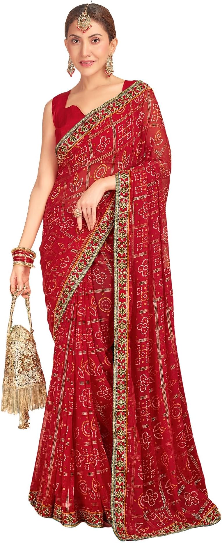 SIRIL Women's Georgette Bandhani Printed Sequence Embroidery Lace Saree With Unstitched Blouse Piece