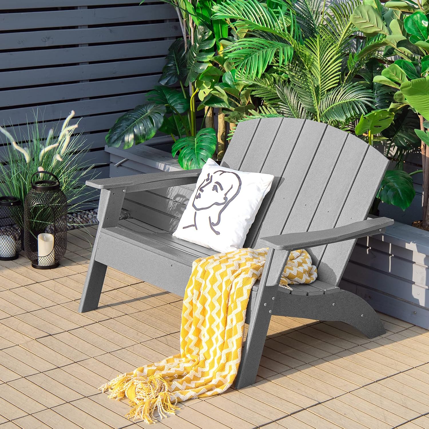 Giantex Adirondack Chair Outdoor Loveseat, High Density Polyethylene HDPE Material Adirondack Chairs Set of 2 People, Patio Adirondack Bench for Porch, Garden, Backyard Fire Pit Chair (1, Gray)