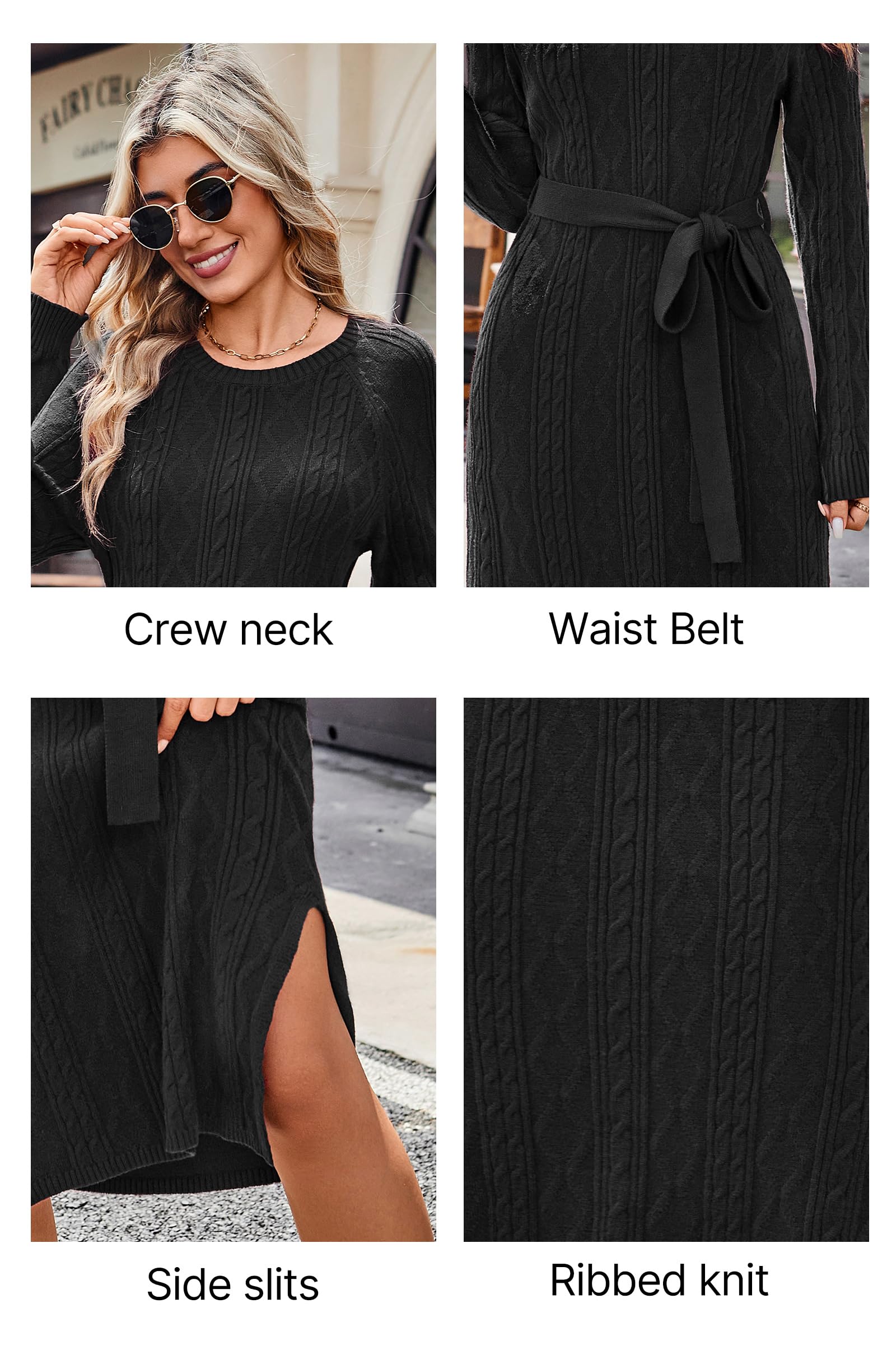 STYLEWORD Robe Pull à Manches Longues pour Femme Robe-Pull Fendue Robe d'hiver Midi en Maille Torsadée avec Ceinture
