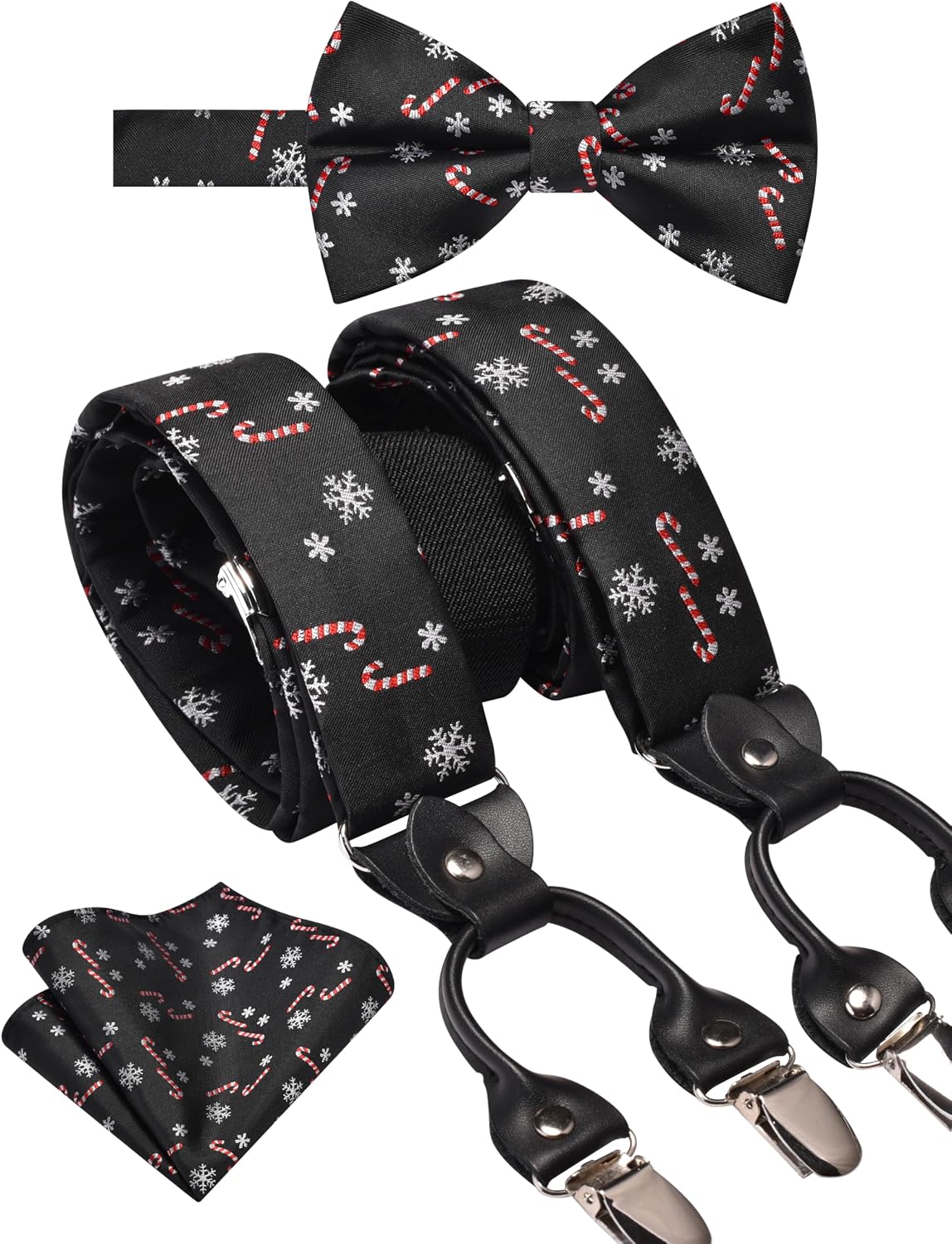 GUSLESON Mens Christmas Bow Tie and Suspenders Holiday Festival Theme Y Shape Santa Braces Pocket Square Set with Gift Box