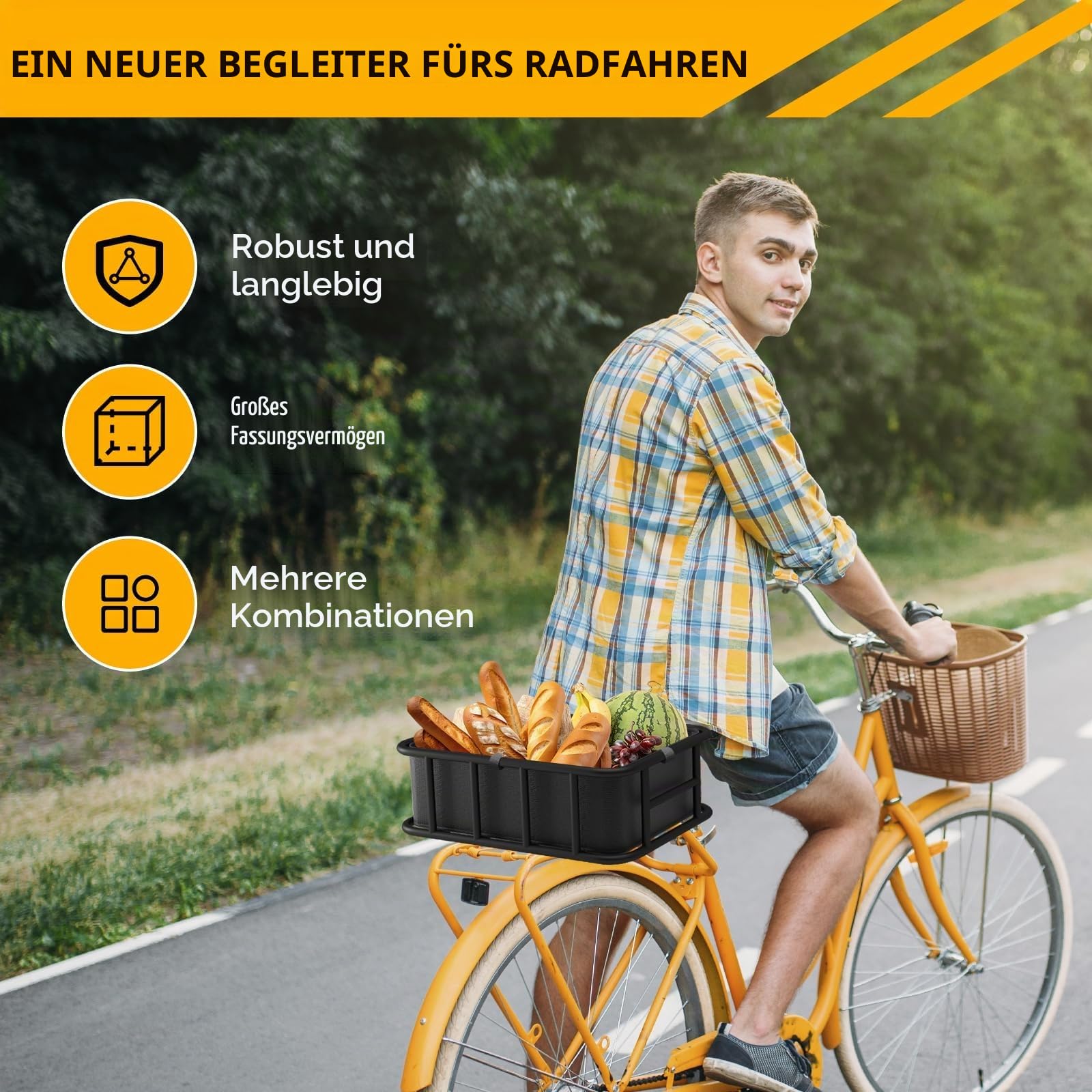 Fahrradkorb Hinten Groß Mit Regenschutz, Großer Fahrrad Korb aus Metall Hinten, Fahrradkorb Schulranzen Hinten, mit Cargo Netz und Liner, Passend für die Meisten Fahrräder und E-Bikes