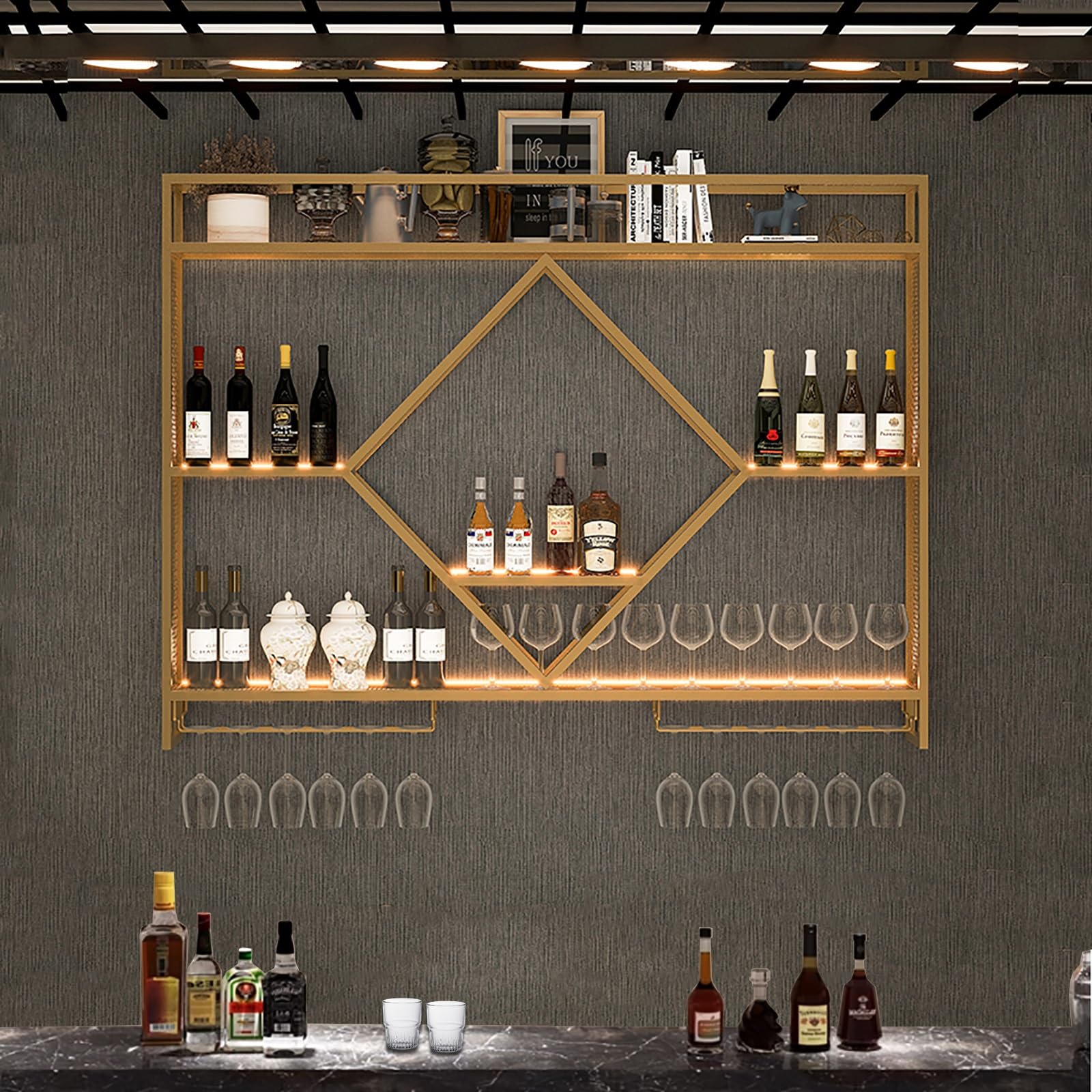Étagère à vin murale métal avec support de verre suspendu LED