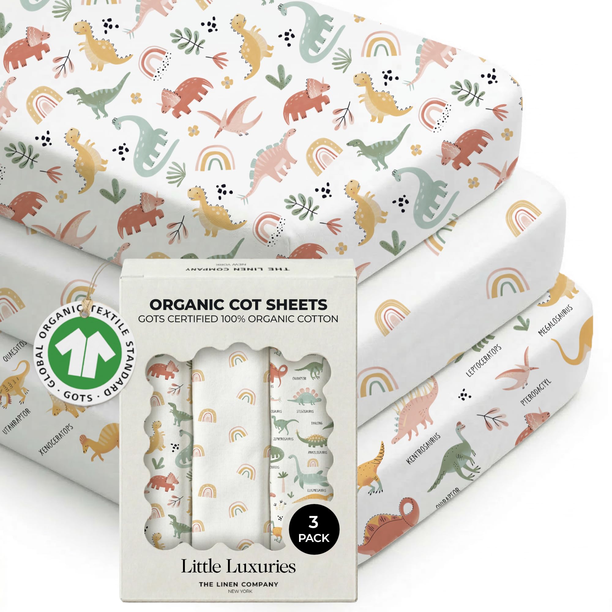 100% Organic Cotton Cot Sheets (3-Pack) – GOTS Certified, Soft Fitted Sheets for Mini Mattress & Pack n Play, 5" Deep Pocket with Secure Elastic Fit, boys & girls, 60 x 120 cm (Jurassic Joy)