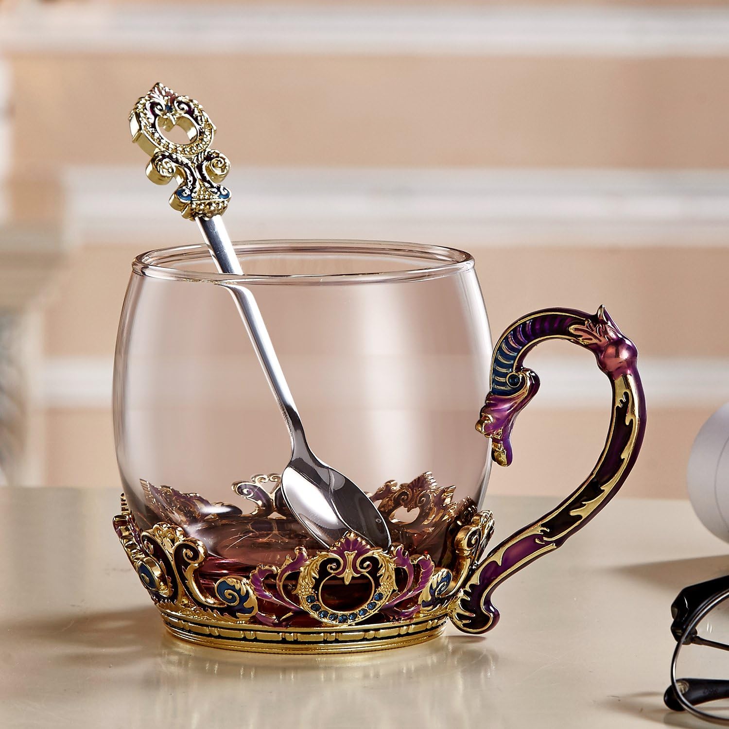 SEMAXE 11OZ Glass Tea Cup Coffee Mug ,Hand Blown Glass Drinking Mug Made of Lead-free Glass and Enamels