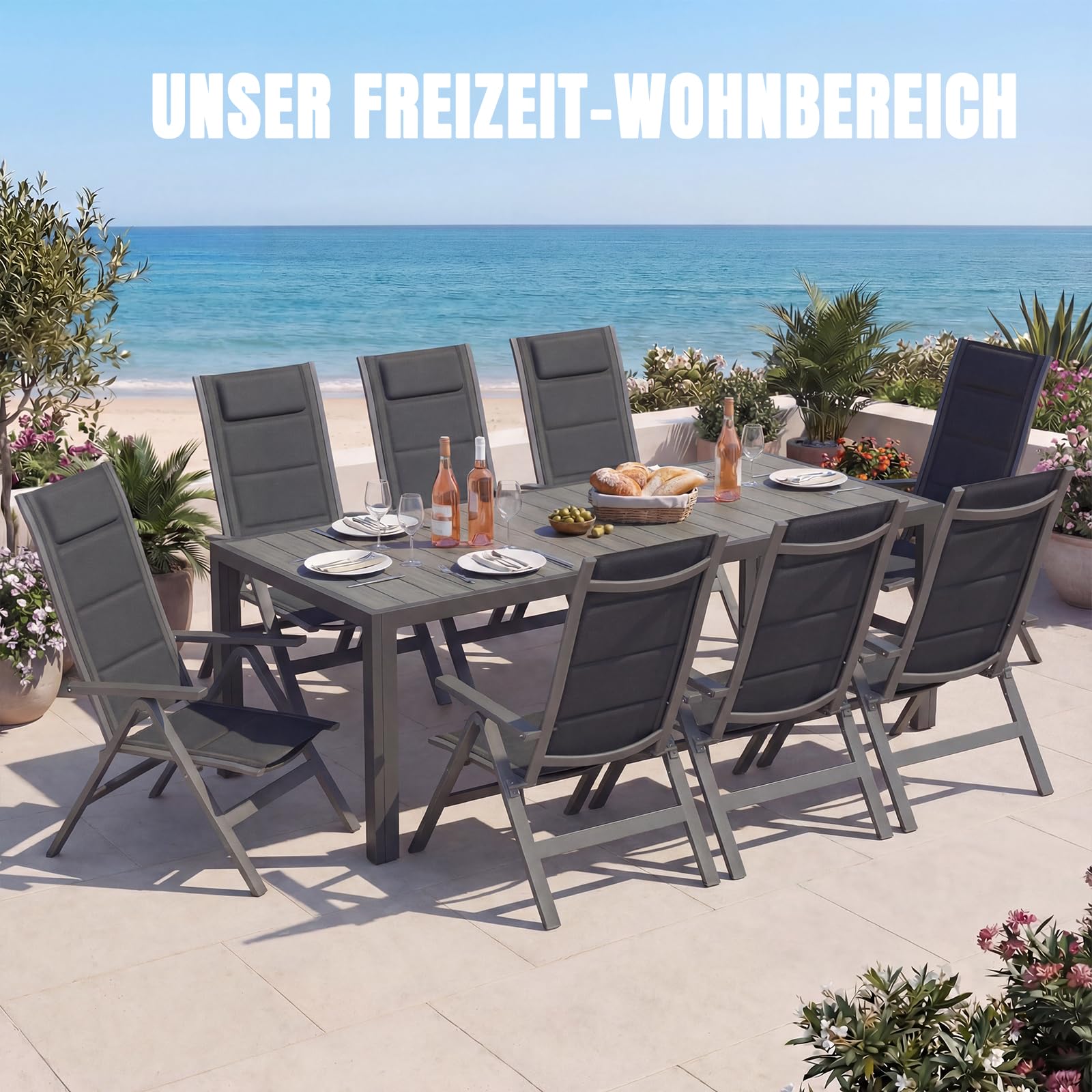 Devoko Gartenmöbel Set 8 stühle mit Tisch, Bestehend aus 1 Aluminiumtisch und 8 Klappstühlen für balkonmöbel. 1 x 189 cm Gartentisch mit Holzmaserung, Terrassenmöbel-Set, Dunkelgrau.