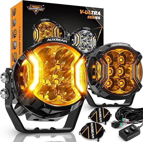 Auxbeam V-Ultra Series - Faros antiniebla ámbar tipo cápsula de 3 pulgadas y 108W, función DRL, 3 modos y cubiertas protectoras, barra de luz