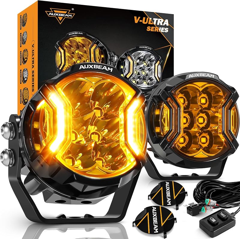 Auxbeam V-Ultra Series 3 Inch Amber Fog Light Pods Round Offroad Lights | 108W 12800LM, DRL 3 Modes, 270° Side Shooter, Hyper Spot Beam, Protective Lens Covers, Driving LED Pods, Truck Ditch Light