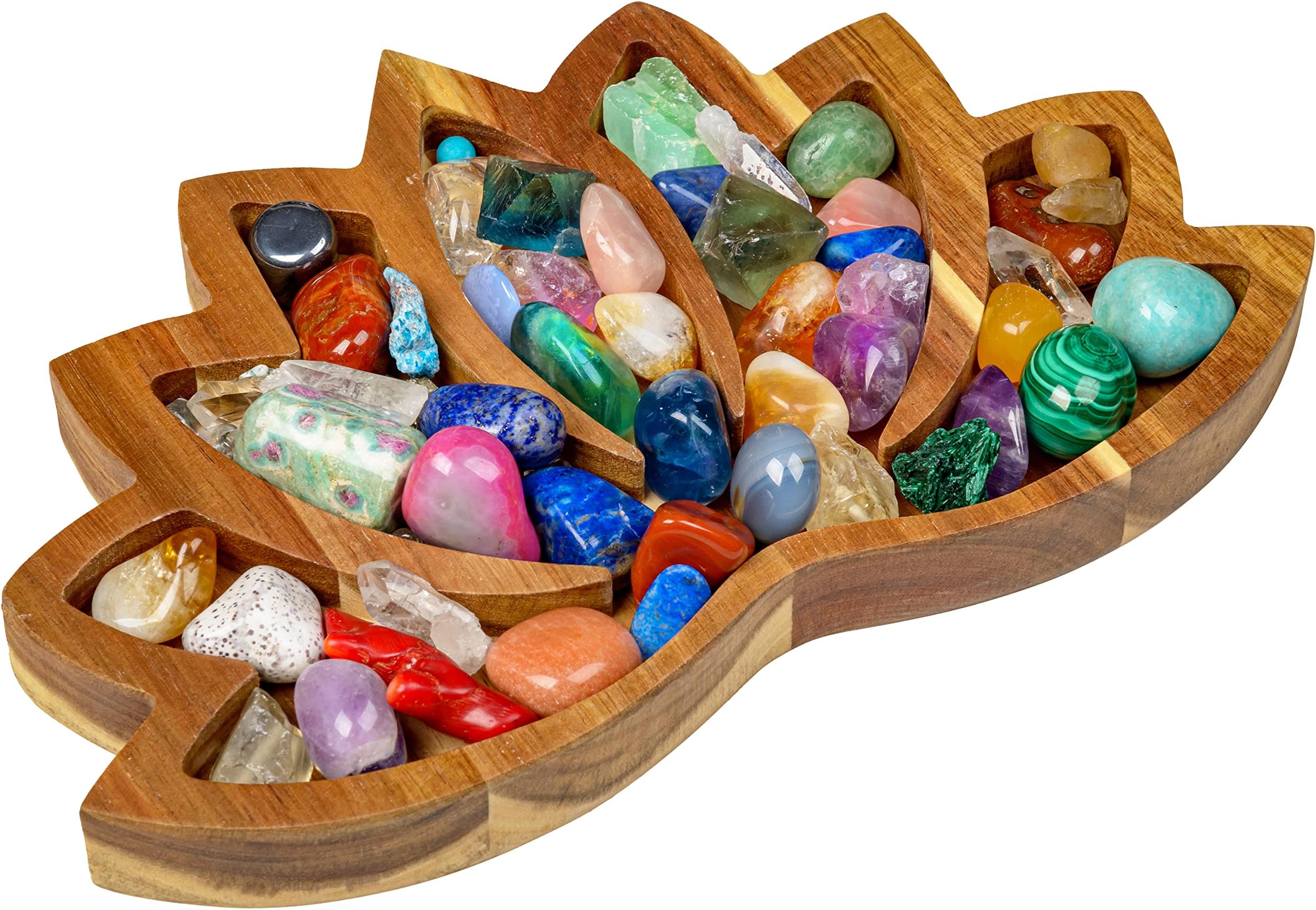 Curawood Lotus Crystal Display Tray - Showcase Your Gems, Healing Stones & Treasures - 11"x7" Wooden Rock Bowl, Crystal Holder for Stones Display Shelf, Gemstone Rock Holder Charging Bowl (Horizon)