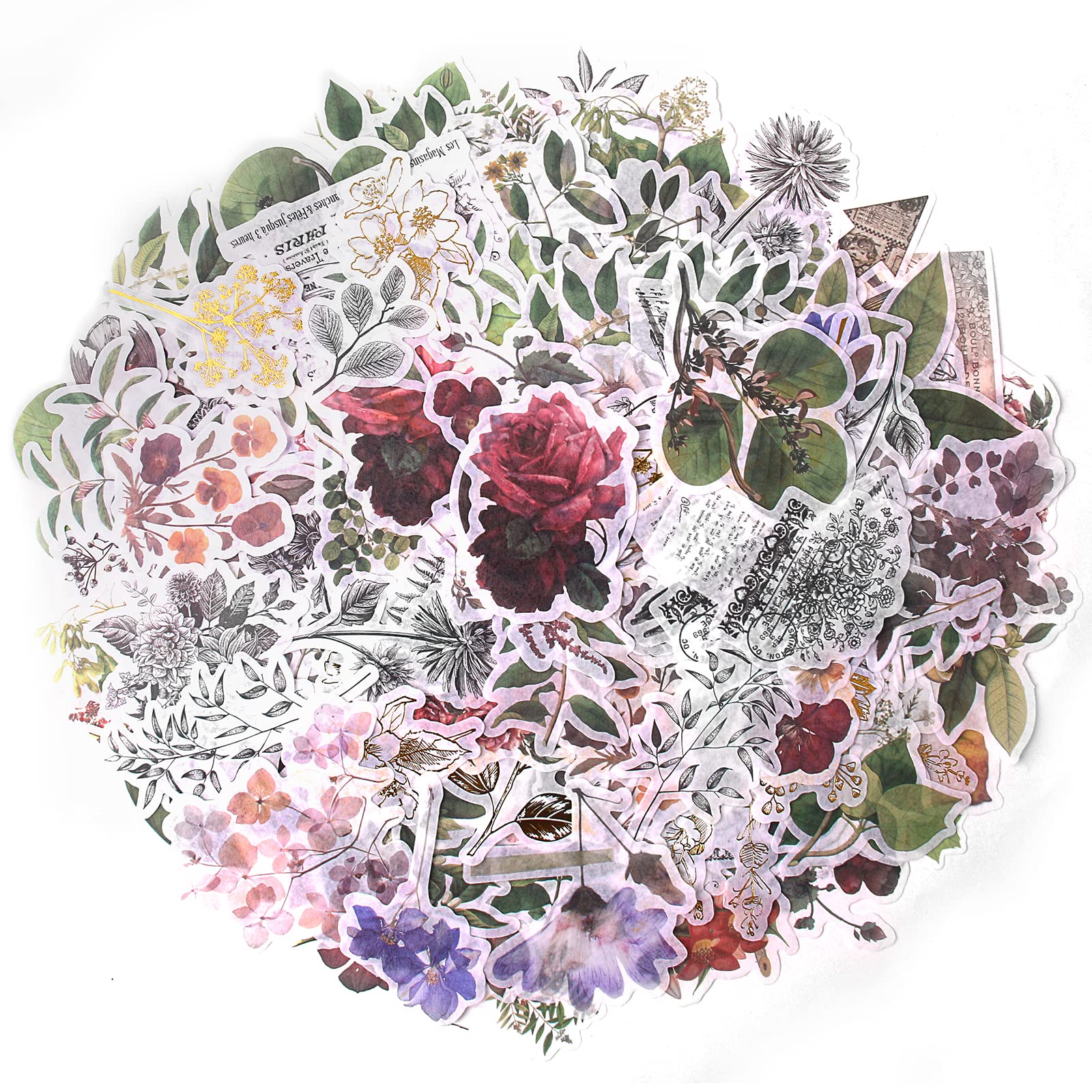 RisyPisy 240 Piezas Retro Flores Pegatinas, Gran Tamaño con Forma Especial Plantas Doradas Pegatinas, Flores Stickers para Manualidades, Diario de Balas, Cuaderno, Ordenador Portátil, Calendario