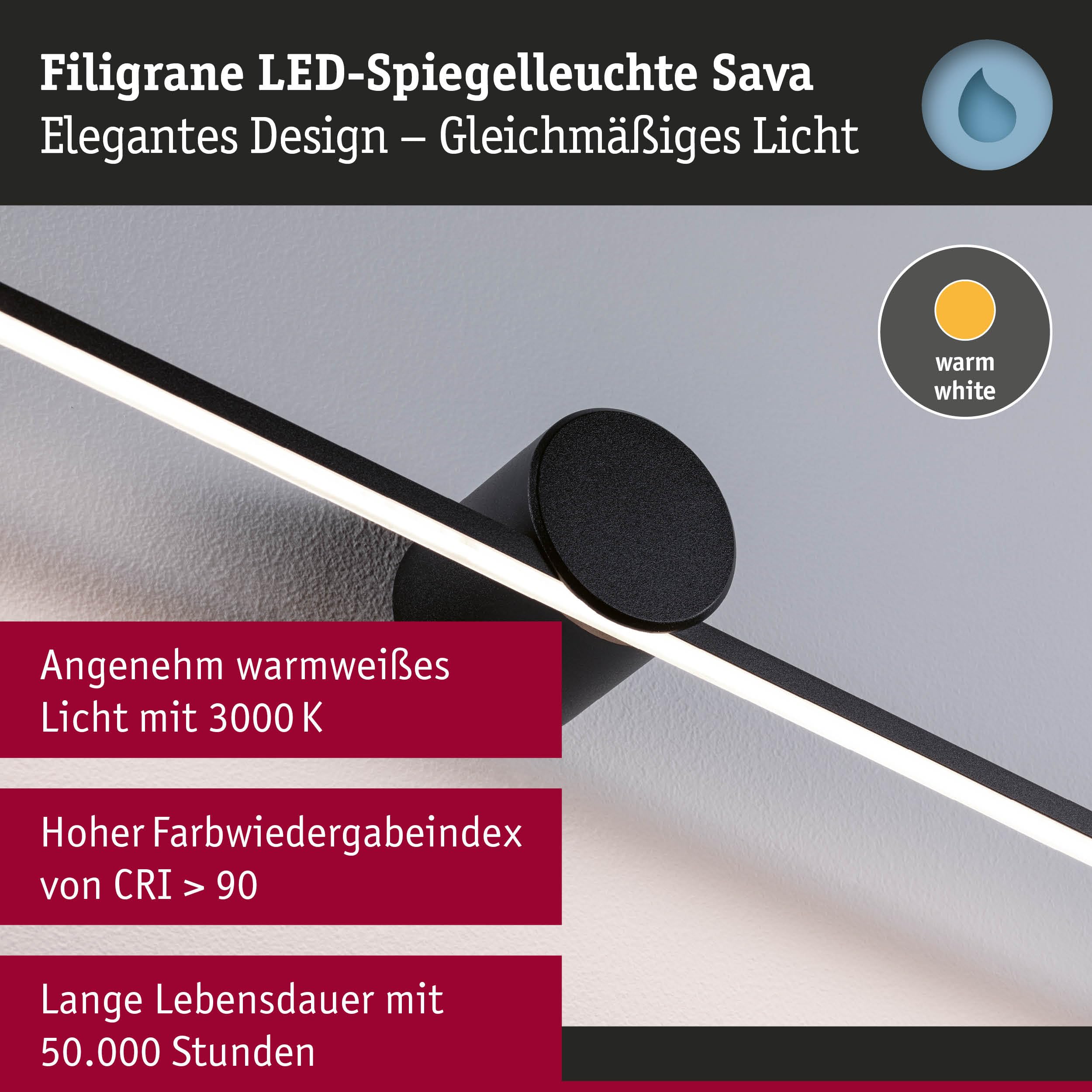 Paulmann 75413 LED Leuchtspiegel Sava IP44 3000K 850lm 230V 13,5W Schwarz matt