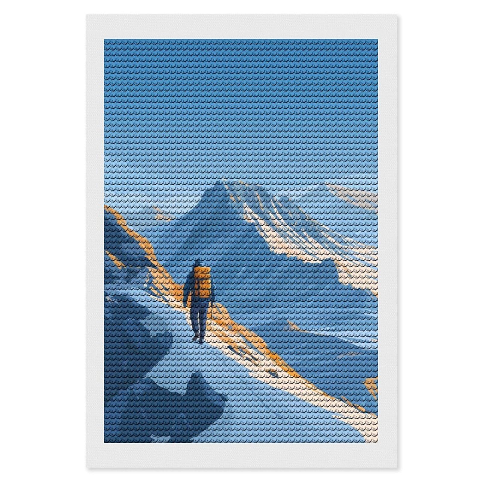 Junmoney Mountain Hiker with Backpack Illustration DIY Diamond Art Canvas Kit 8"x12", Winter Craft, Mindful Craft Project, Aesthetic Room Decor, Decor Project