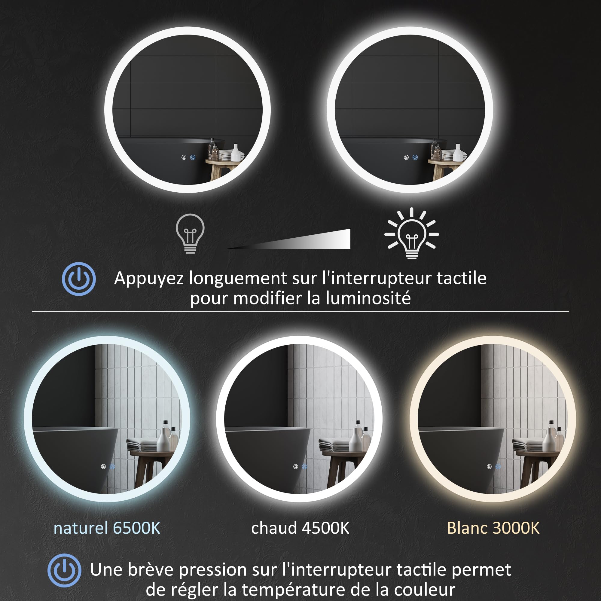 kleankin Miroir Rond Salle de Bain avec éclairage LED Ø 60 cm, Miroir Mural 29W avec Anti-buée, 3 Couleurs réglables, dimmable, Interrupteur Tactile, Fonction mémoire, Blanc et Argent