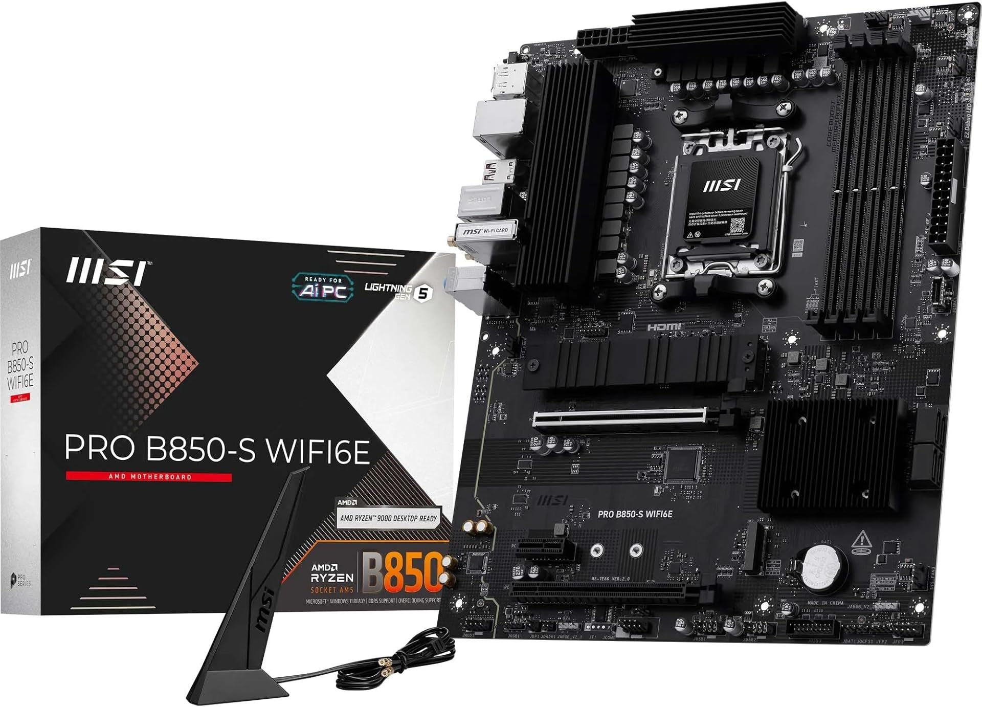 MSI PRO B850-S WIFI6E Motherboard, ATX - Supports AMD Ryzen 9000/8000 / 7000 Processors, AM5 - DDR5 Memory Boost (8200+ MT/s OC), PCIe 4.0 x16, M.2 Gen5, Wi-Fi 6E, 2.5G LAN