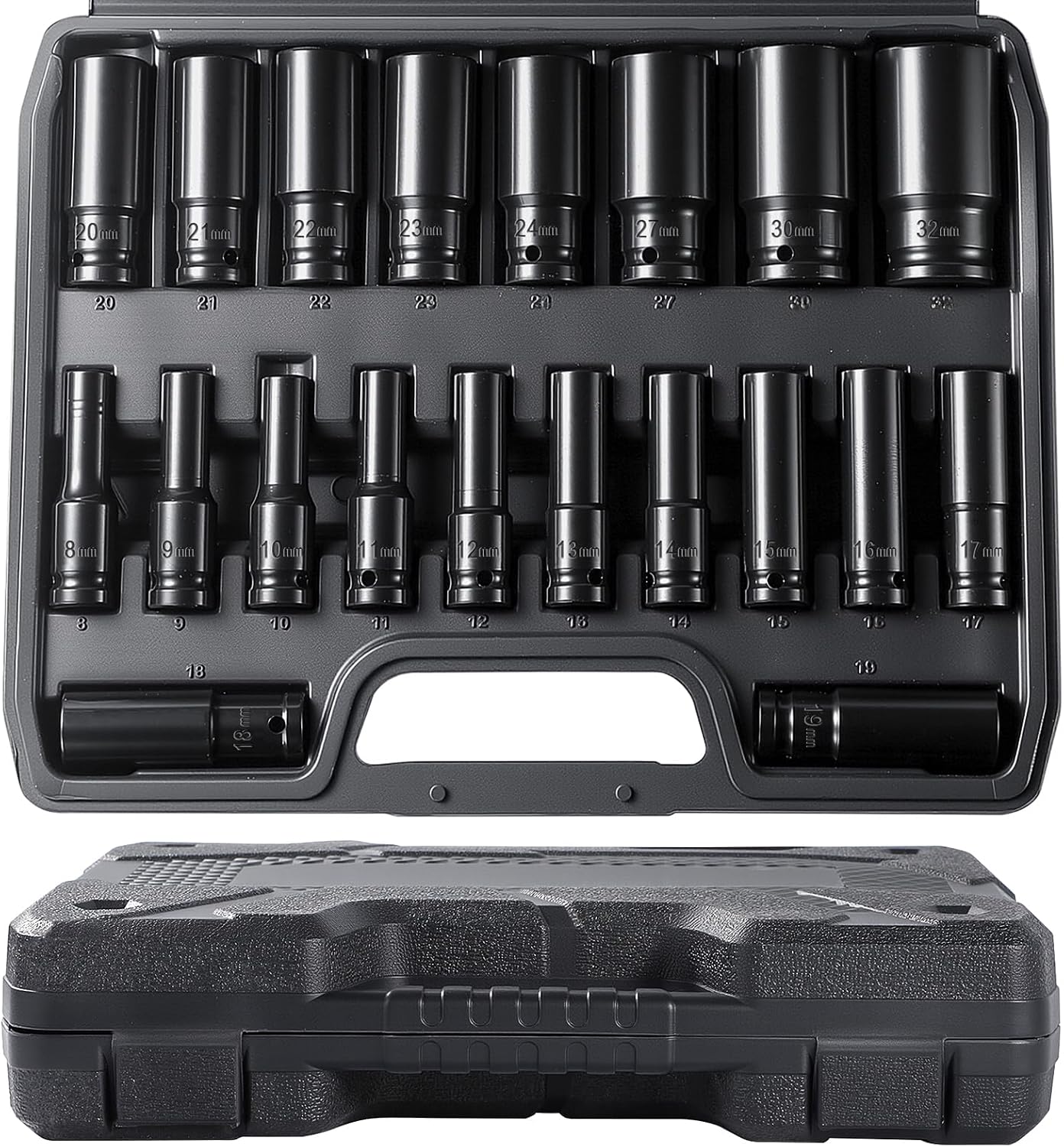 20-Piece Impact Wrench Nut Set 1/2 Inch 8-32 mm Deep Hexagonal Power Nut Socket Spanner Impact Socket CR-V Drive Tool Nut Set for Car Repair at Home