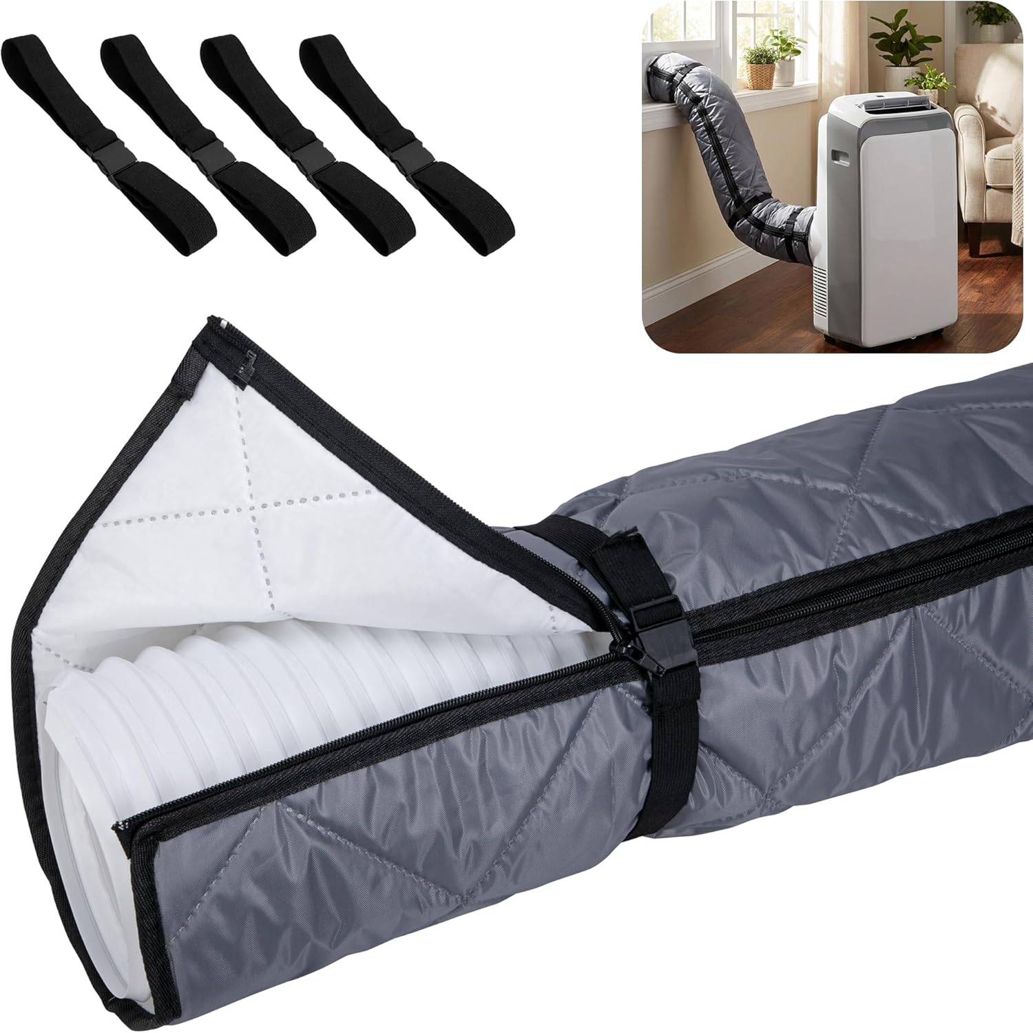 RunNico Zipper Air Conditioner Hose Cover, Quilting Hose Cover Wrap Insulation with 4 Upgraded Buckle Straps, Portable AC Pipe Sleeve for 5''-5.9" Diameter Exhaust Duct Vent (Grey)