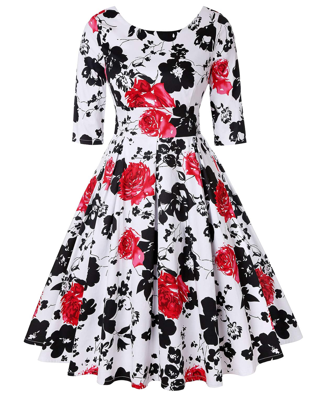 Mintlimit Women's Floral Rose White 1950S Bridesmaids Vintage Retro 3/4 Sleeve Crew Neck Cocktail Party Tea Swing Dress Floral Black And Red,Size Xl