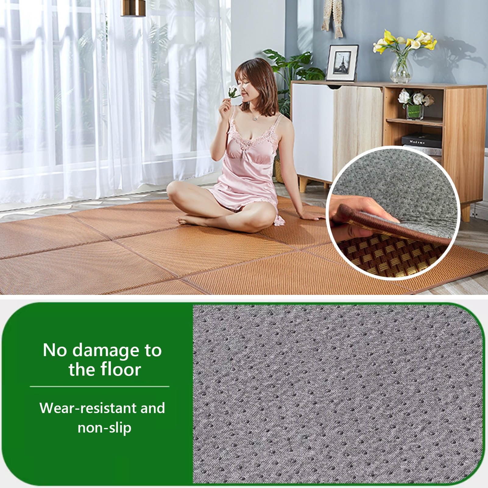 Tatami Tapis de sol antidérapant et pliable en rotin pour salon et chambre à coucher, tapis de jeu d'été avec sac de rangement, idéal pour ramper (8 pièces, 50 cm x 50 cm)