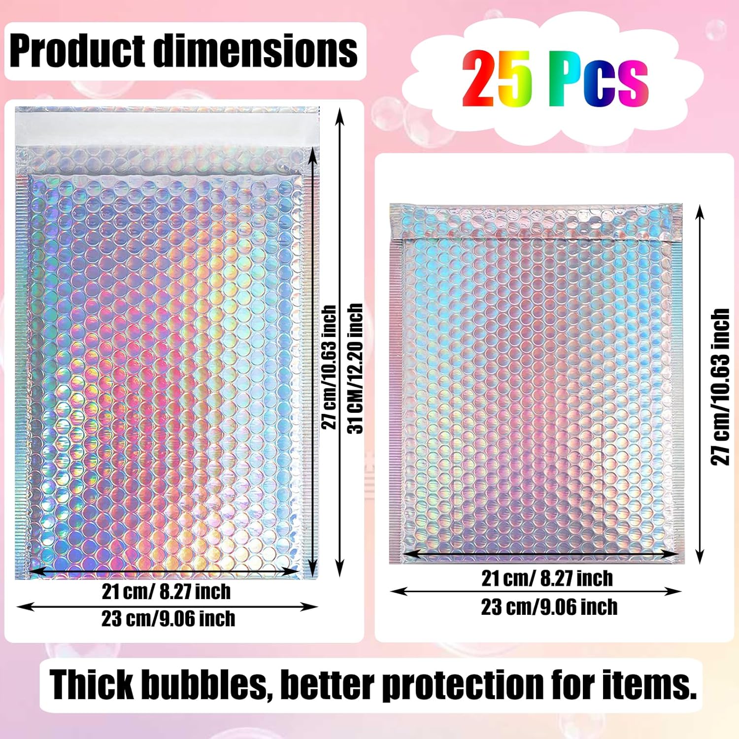 25 PCS Holographic Bubble Mailers,8.5x12 Inch Poly Padded Envelopes,Metallic Bubble Mailers,Waterproof Shipping Bags,Self Sealing Cushion Envelopes for Mailing Packaging Small Business