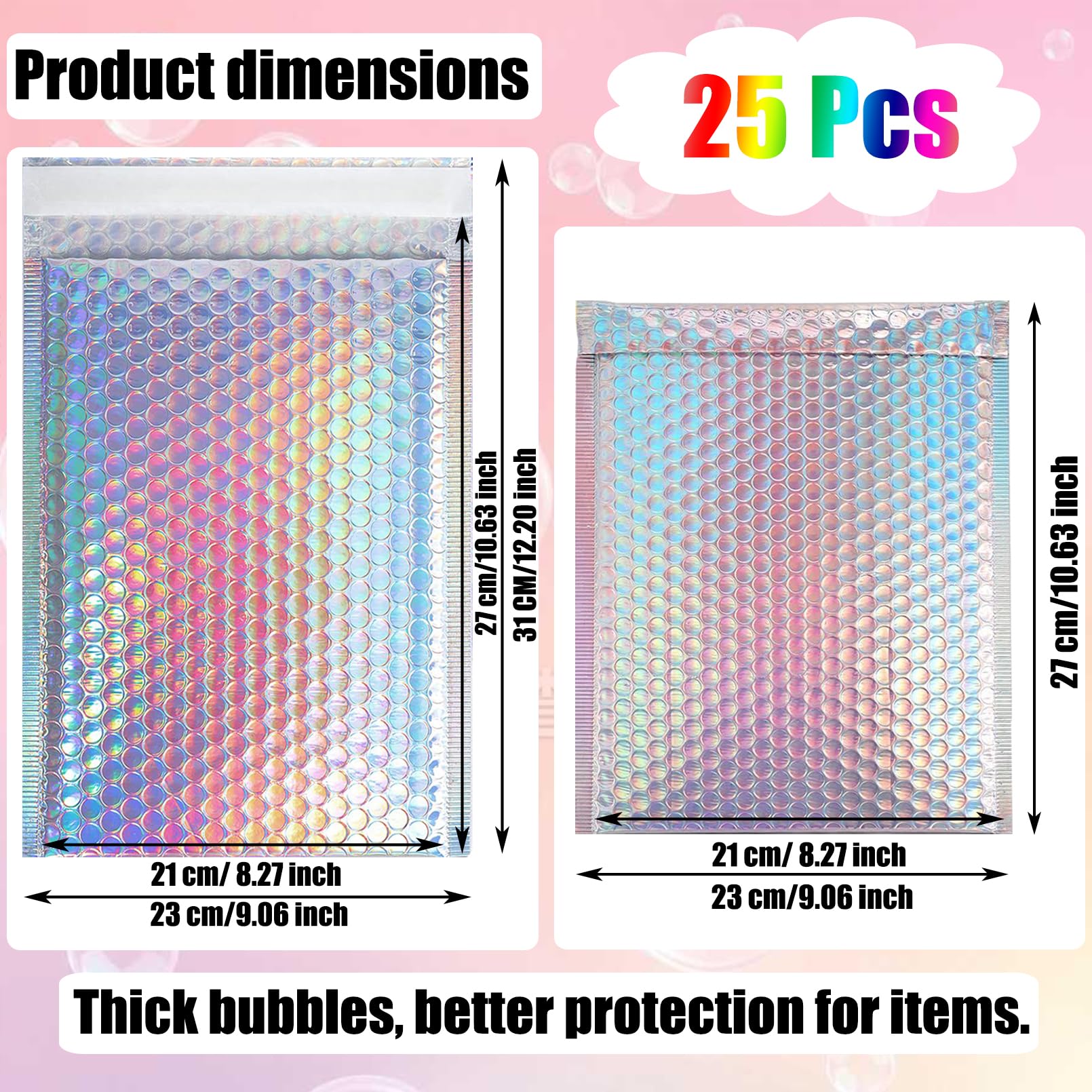 25 sobres holográficos de burbujas, sobres acolchados de polietileno de 8.5 x 12 pulgadas, sobres metálicos de burbujas, bolsas de envío impermeables, sobres acolchados autosellantes para