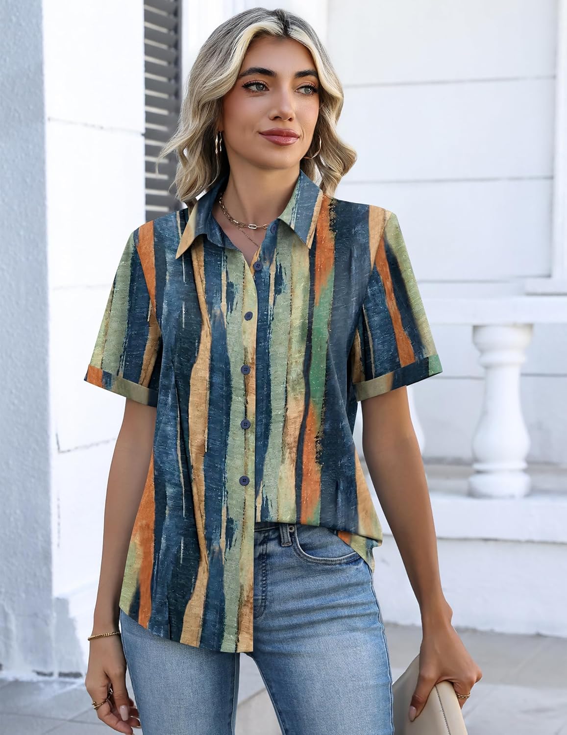 Zeagoo Button Down Shirts for Women Short Sleeve Collared Tops Dressy Casual V Neck Blouses - Image 4