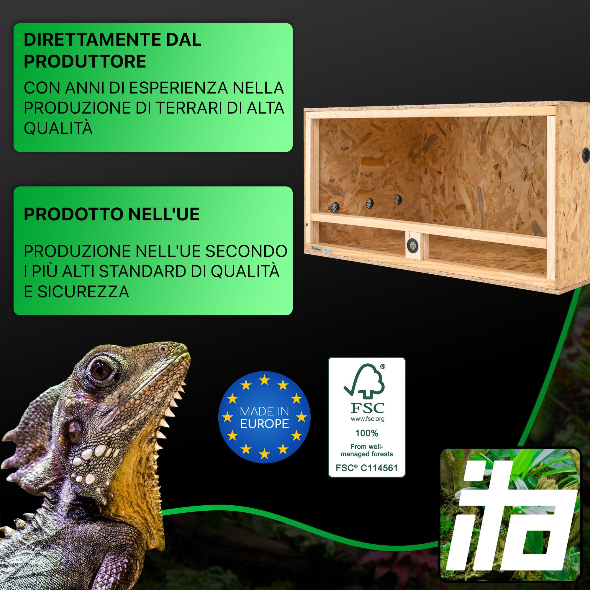 ITA Terrario in legno 100x60x50 cm con ventilazione laterale e igrometro integrato - Terrario in legno OSB-3 - Per rettili, serpenti, anfibi - Prodotto UE, certificato FSC