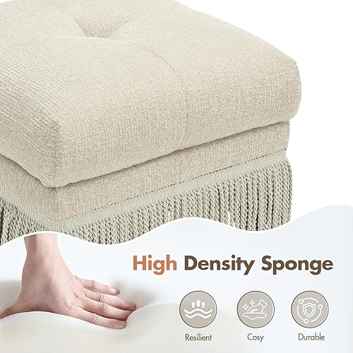 Vista 9 de Otomano cuadrado beige de 22 pulgadas con borlas para sala de estar, moderno y bohemio, tapizado, puf otomano, reposapiés para dormitorio