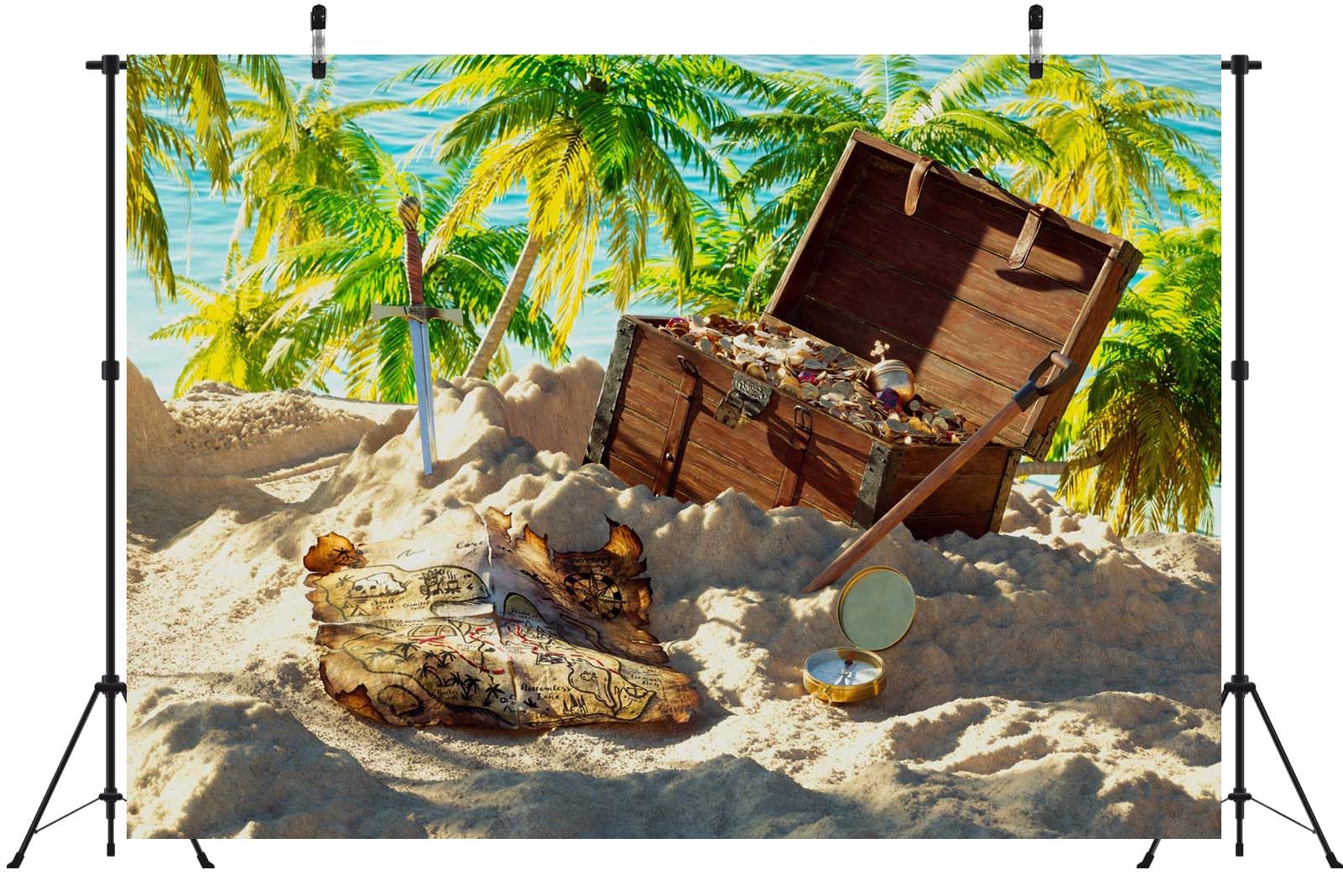 BELECO 4.6x2.5m Telo sfondo tema pirata | Vecchia mappa pirata scrigno tesoro spada bussola spiaggia tropicale palme sfondo halloween accessori foto