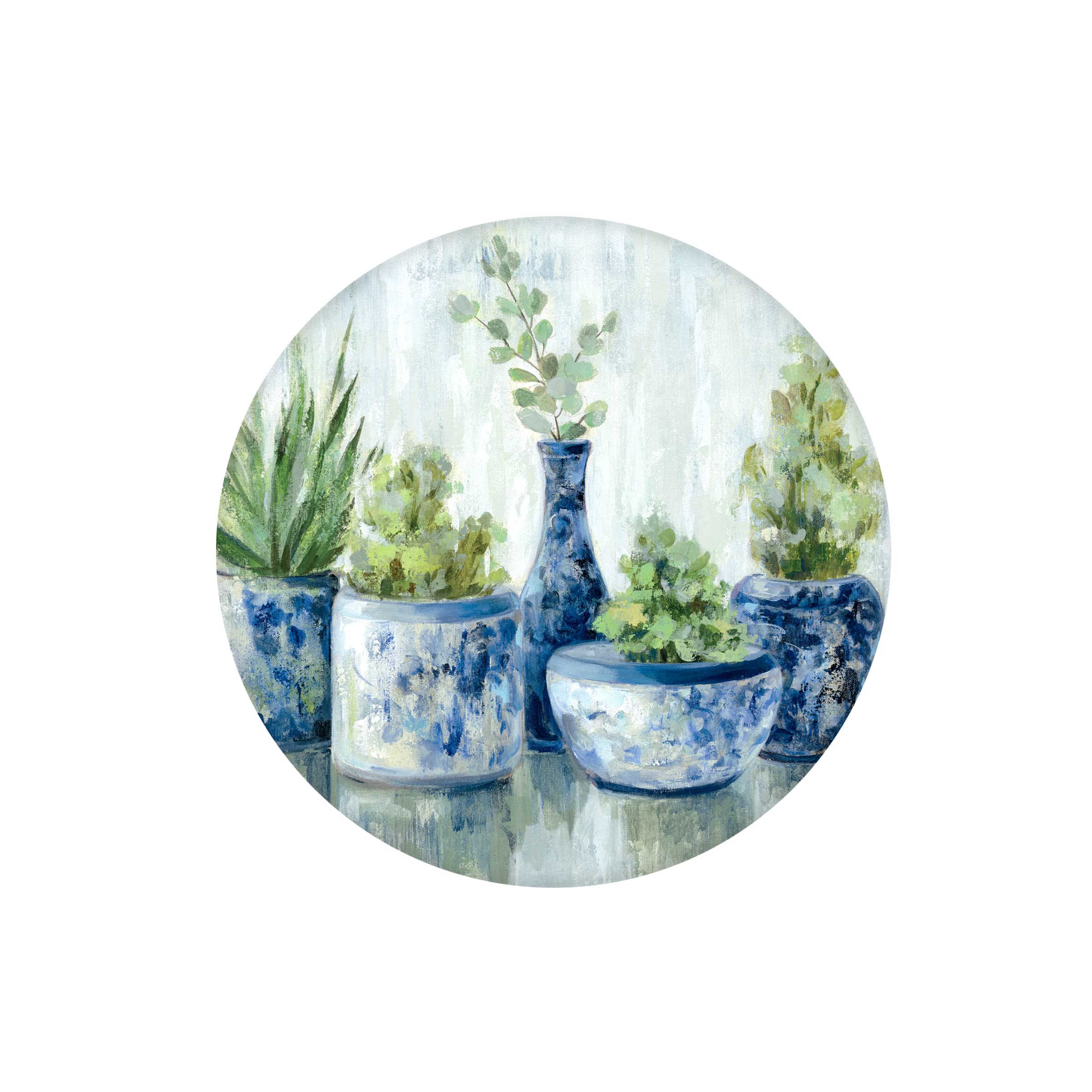 PRINZ Blue Chinoiserie Potted Plants 20" x 20" Round Canvas Wall Art, Floral Wall Decor for Bedroom, Bathroom, Living Room