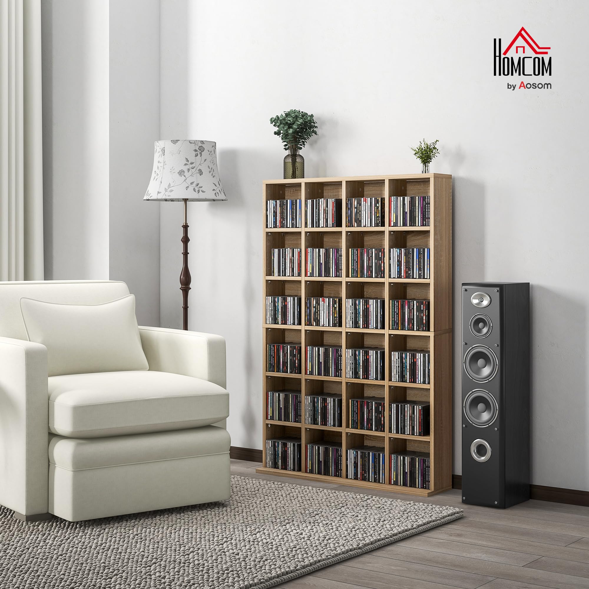 HOMCOM Rangements pour CD et DVD, Meuble de Rangement multimédia en Bois avec 24 Compartiments, étagères Ajustables, capacité jusqu'à 456 CD/336 DVD, bibliothèque, 89 x 20 x 130,5 cm, Bois Naturel