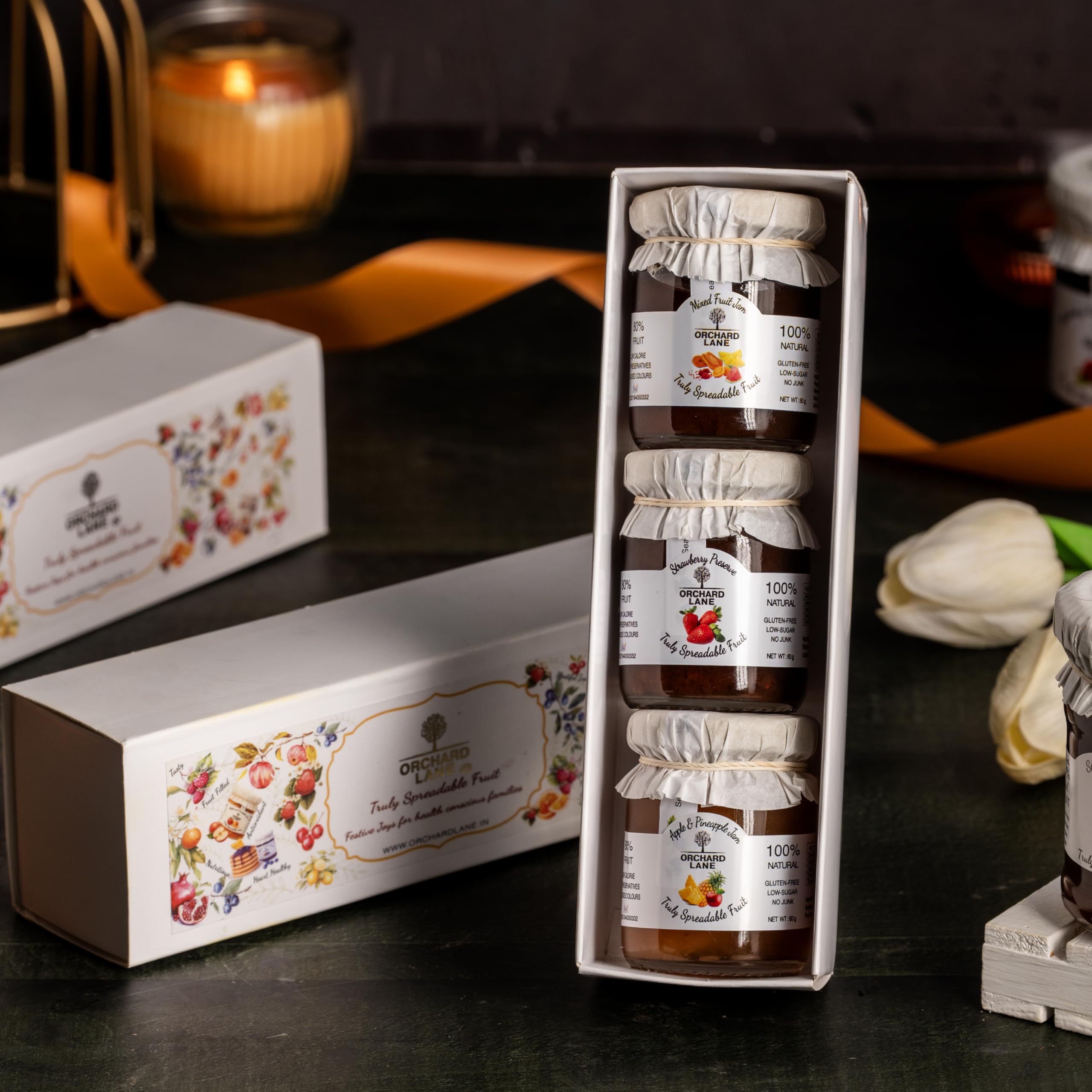 Orchard Lane Festive Gift Set of 3 x 60 gm | Gourmet Guilt-free jams | HIgh fruit content, Low calorie | Balanced Sweetness without sugar overload | Made for health conscious families | Gifting for Diwali, party favours, Christmas, birthday, special days | Cute Premium Packaging, mini glass jars- Zero Plastic.-image-1