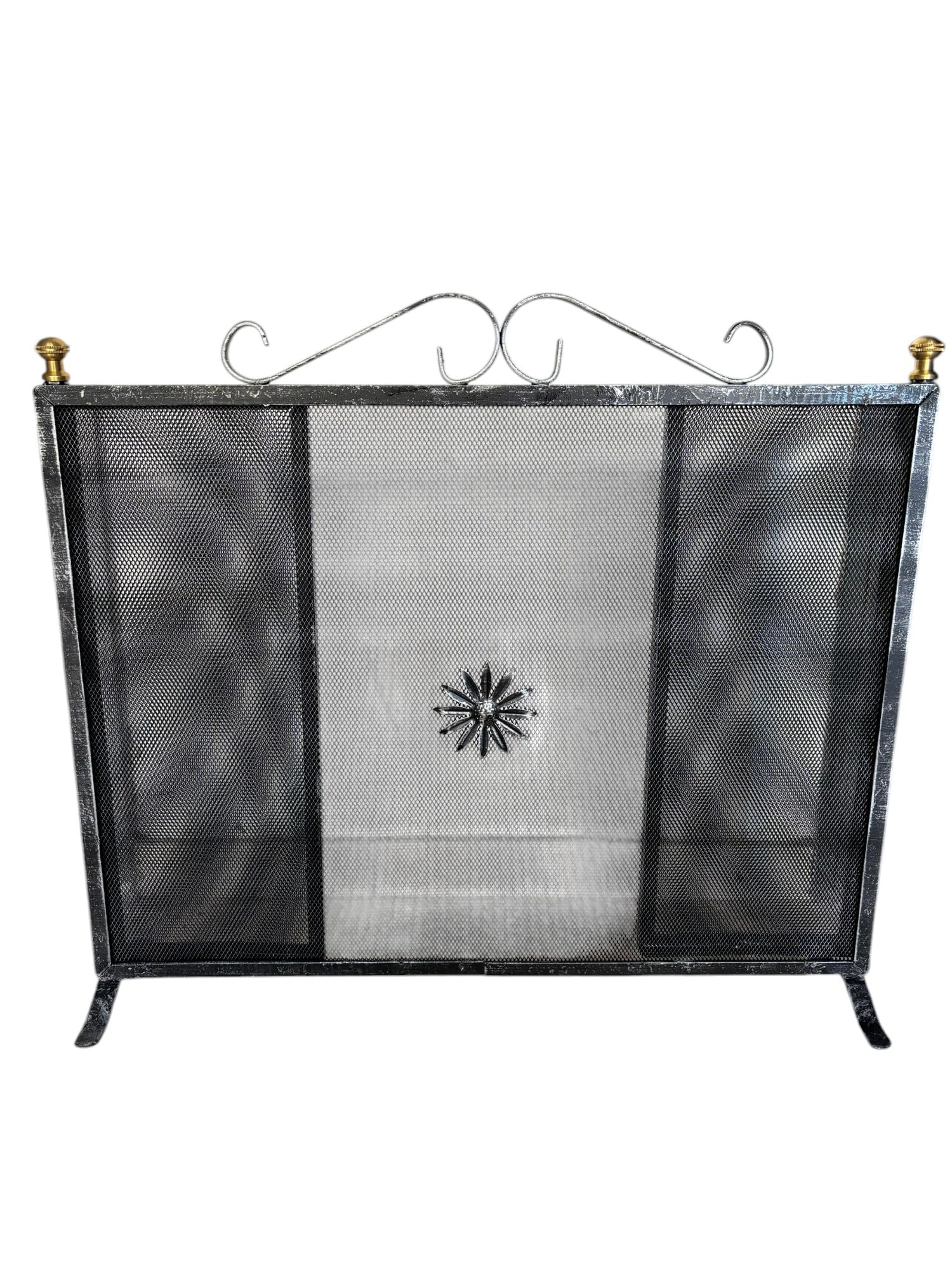 Parascintille per Camino/Caminetto, 3 Ante Richiudibili in Ferro Battuto con Pomelli in Ottone, Made in Italy (60 cm + (15 cm x 2 Antine) 48 cm h)