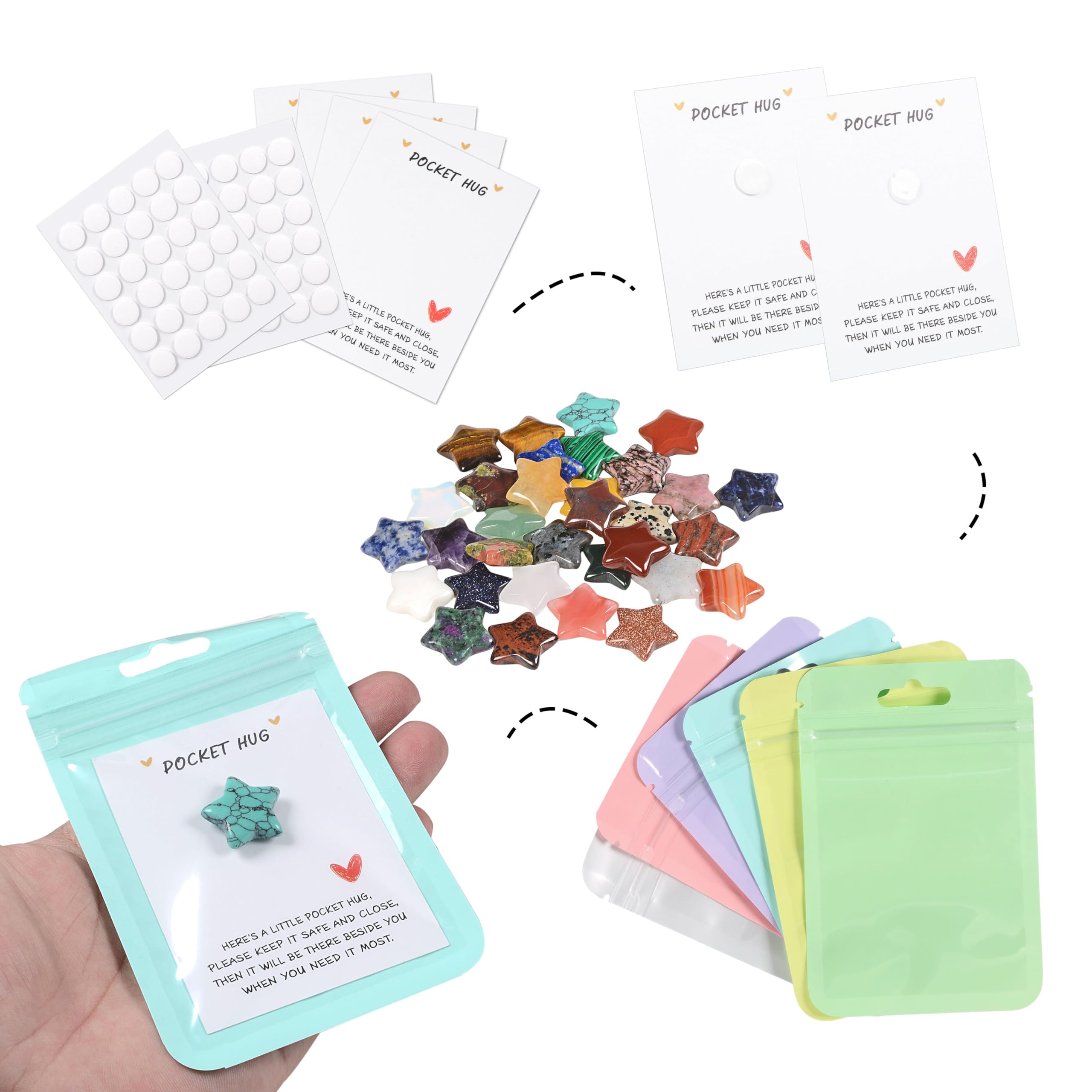 42 Sets Bulk Pocket Hug Little Star Worry Stones Token Gift Card for Friends Colleagues Family Distance Social Celebration of Life Gift