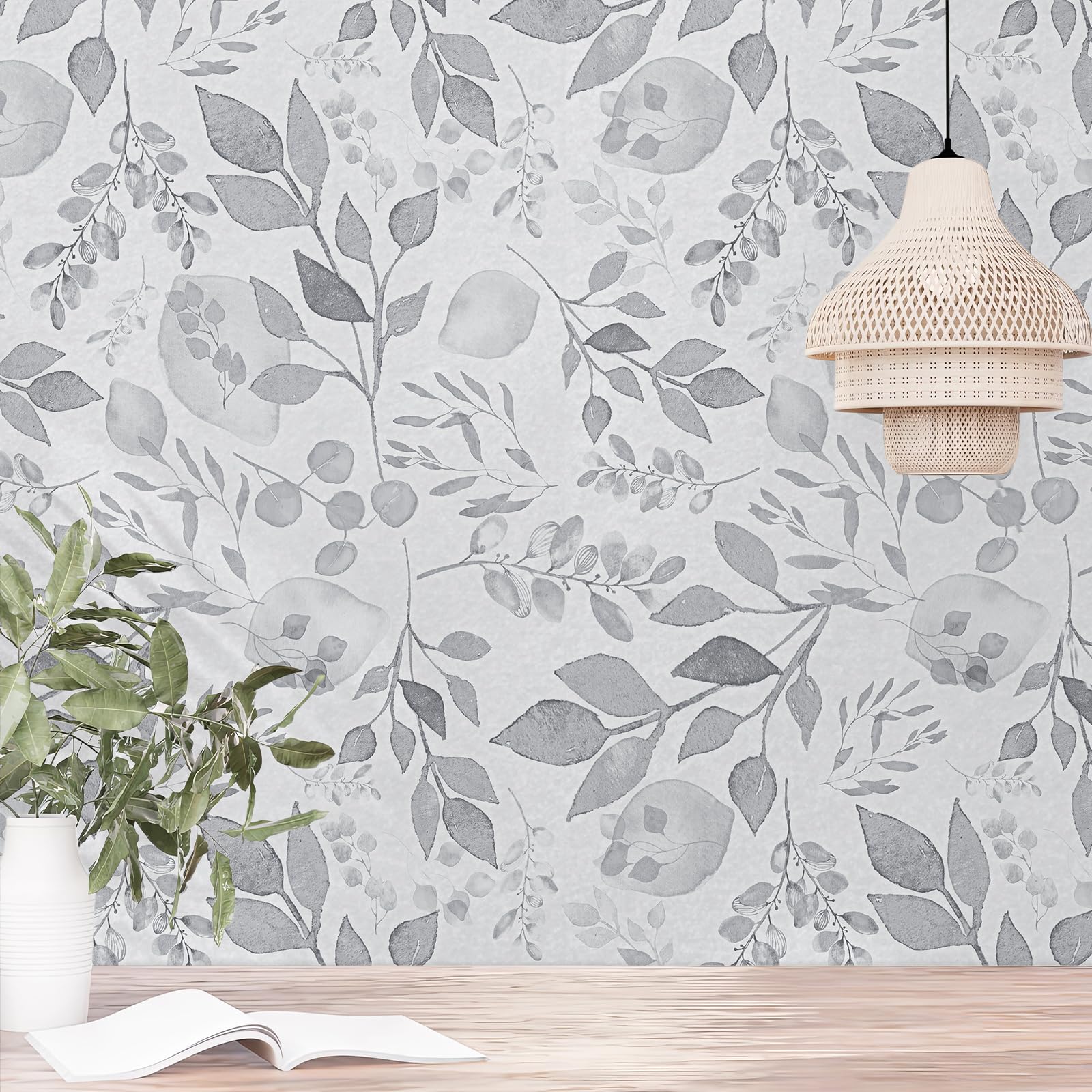 Mecpar Grey Breezy Leaves Wallpaper 17.71" x 394" Peel and Stick Wallpaper Watercolor Floral Leaf Contact Paper Self-Adhesive Vinyl for Cabinets Desk Accent Walls Wardrobe Furniture