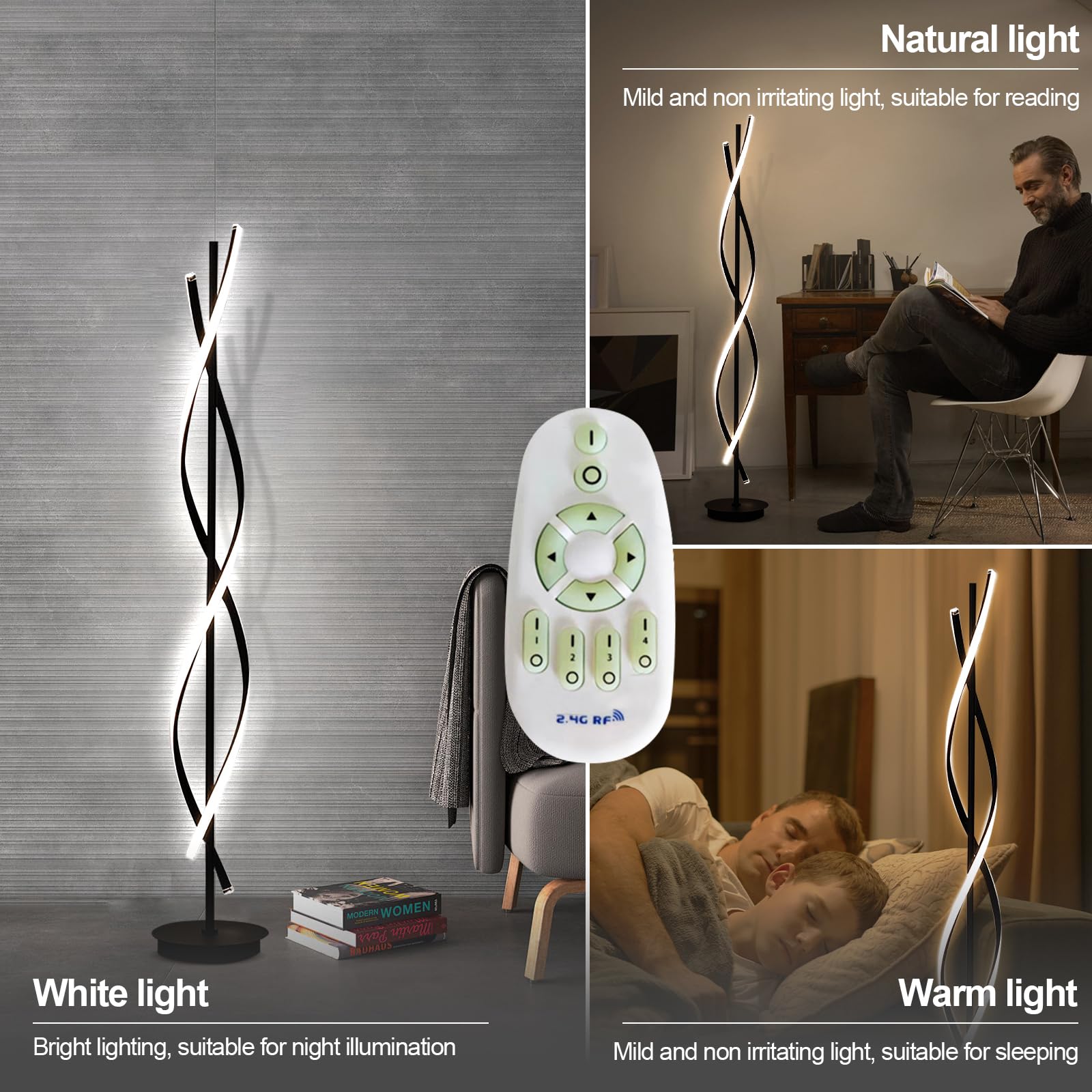 LED Stehlampe Wohnzimmer Dimmbar,LED Spirale Modern 155cm Schwarz mit Fernbedienung - Dimmbare Stehlampe für Wohnzimmer, Schlafzimmer & Kinderzimmer