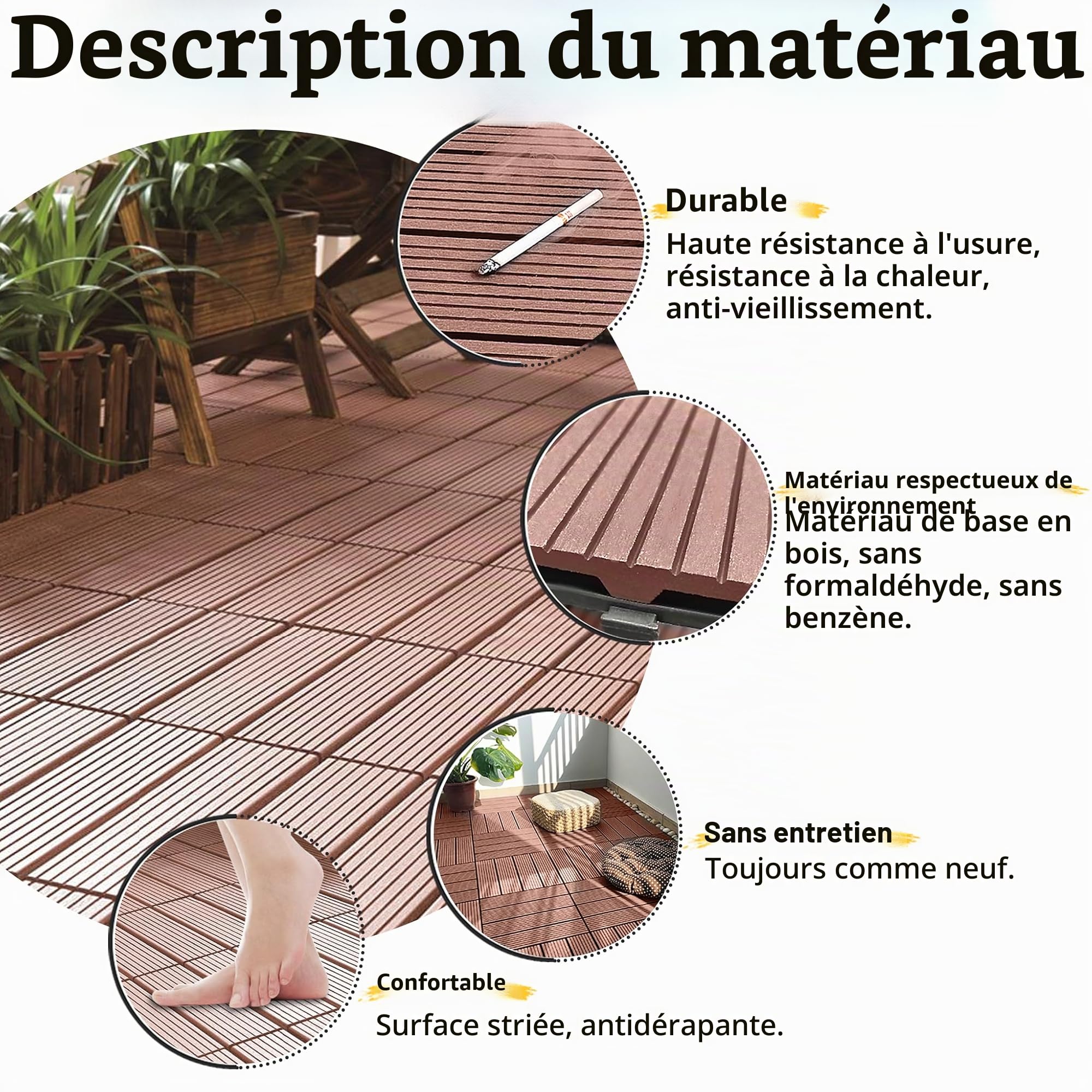 LARS360 Dalles de Jardin Clipsables en Bois Composite WPC Emboîtables Dalle Revêtement de Sol Extérieur Dalles Terrasse Composite Pour Jardin, Piscine, Balcon, Marron, 30 x 60cm(1m²), Lot de 6