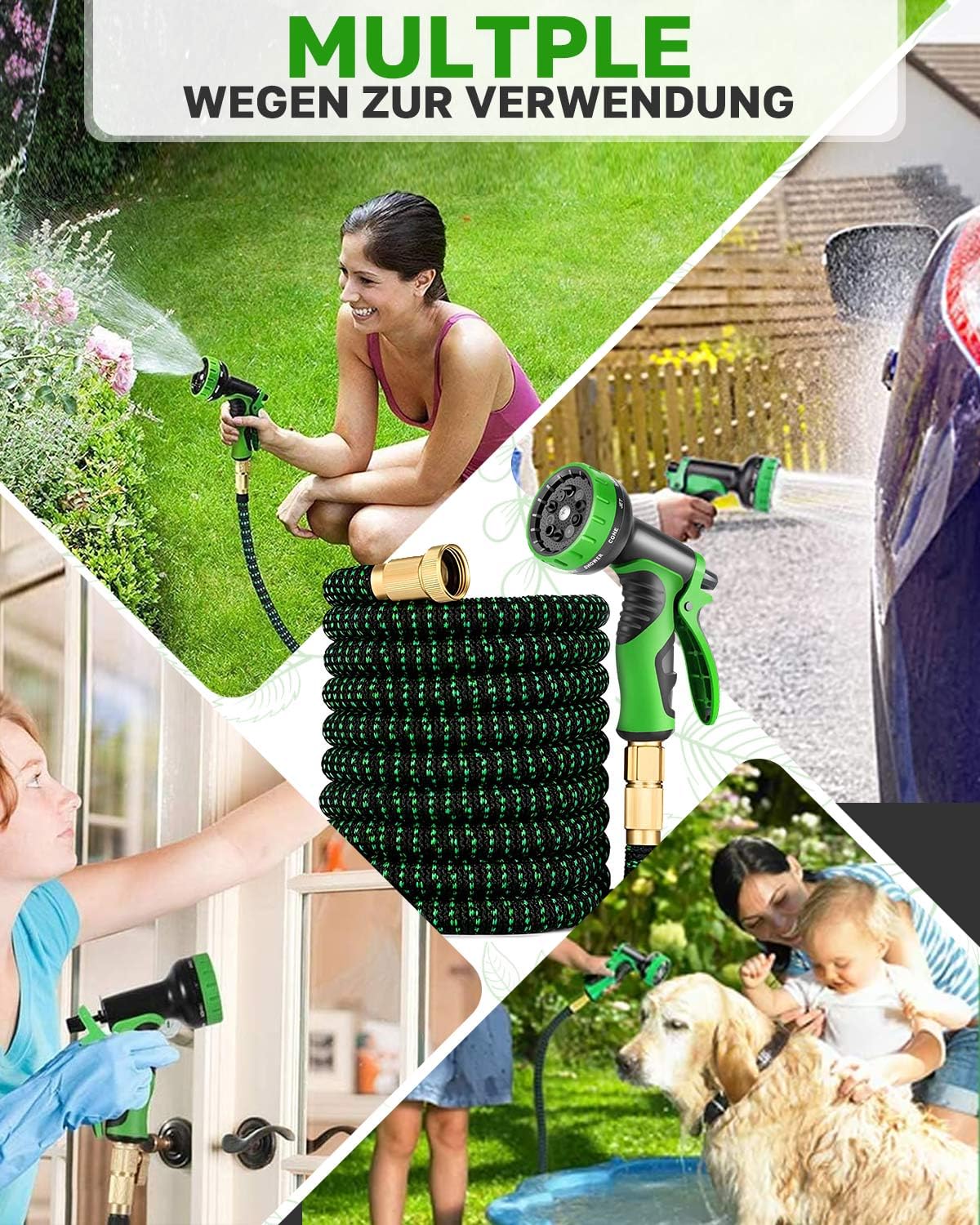 Tubo da giardino flessibile 45 m/150 FT, tubo da giardino espandibile con ugello a 10 funzioni, nucleo in lattice a 4 strati e tessuto 3750D, connettori in ottone da 3/4" e 1/2", per giardinaggio