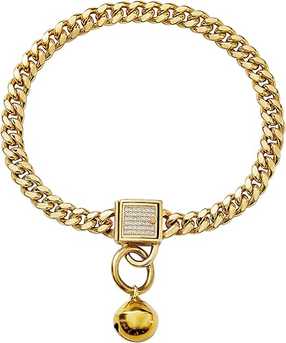 Collar de cadena de oro para perro con campana y hebilla de bloqueo de circonita cúbica de 0.236 pulgadas, acero inoxidable de 18 quilates, cadena