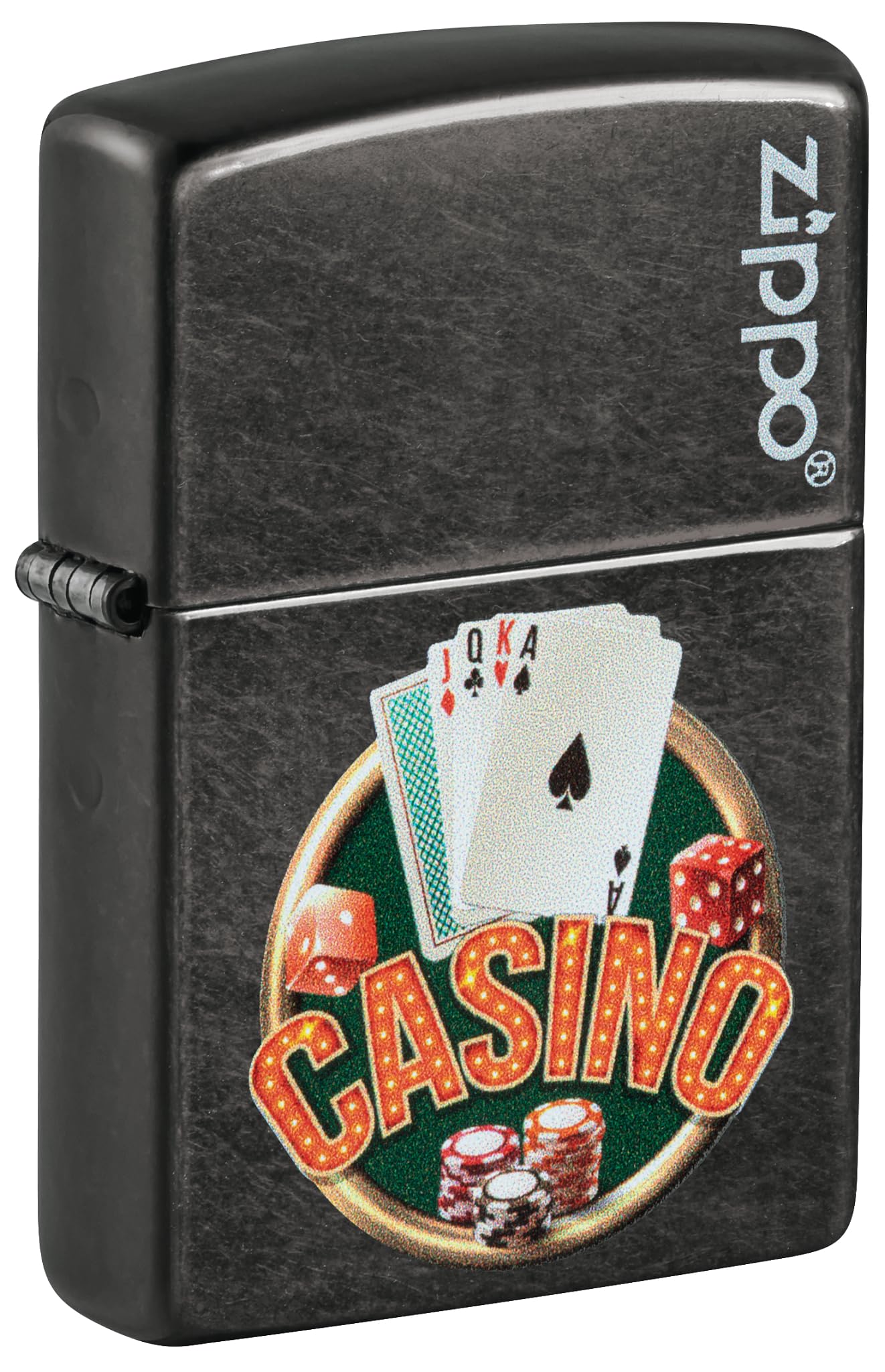 Zippo Casino Zapalniczka Sztormowa, Kolorowy Nadruk, do Napełniania, Wielokrotnego Użytku, Wiatroodporna Konstrukcja, Pudełko na Prezent, Wykonano w USA, Szary (Gray Dusk)