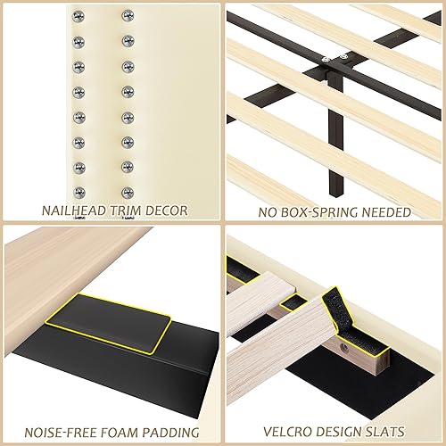 Miniatura 247 de VECELO Base de cama de tamaño matrimonial con cabecera tapizada ajustable, plataforma de listones de madera, diseño sin ruido, fácil montaje Negro