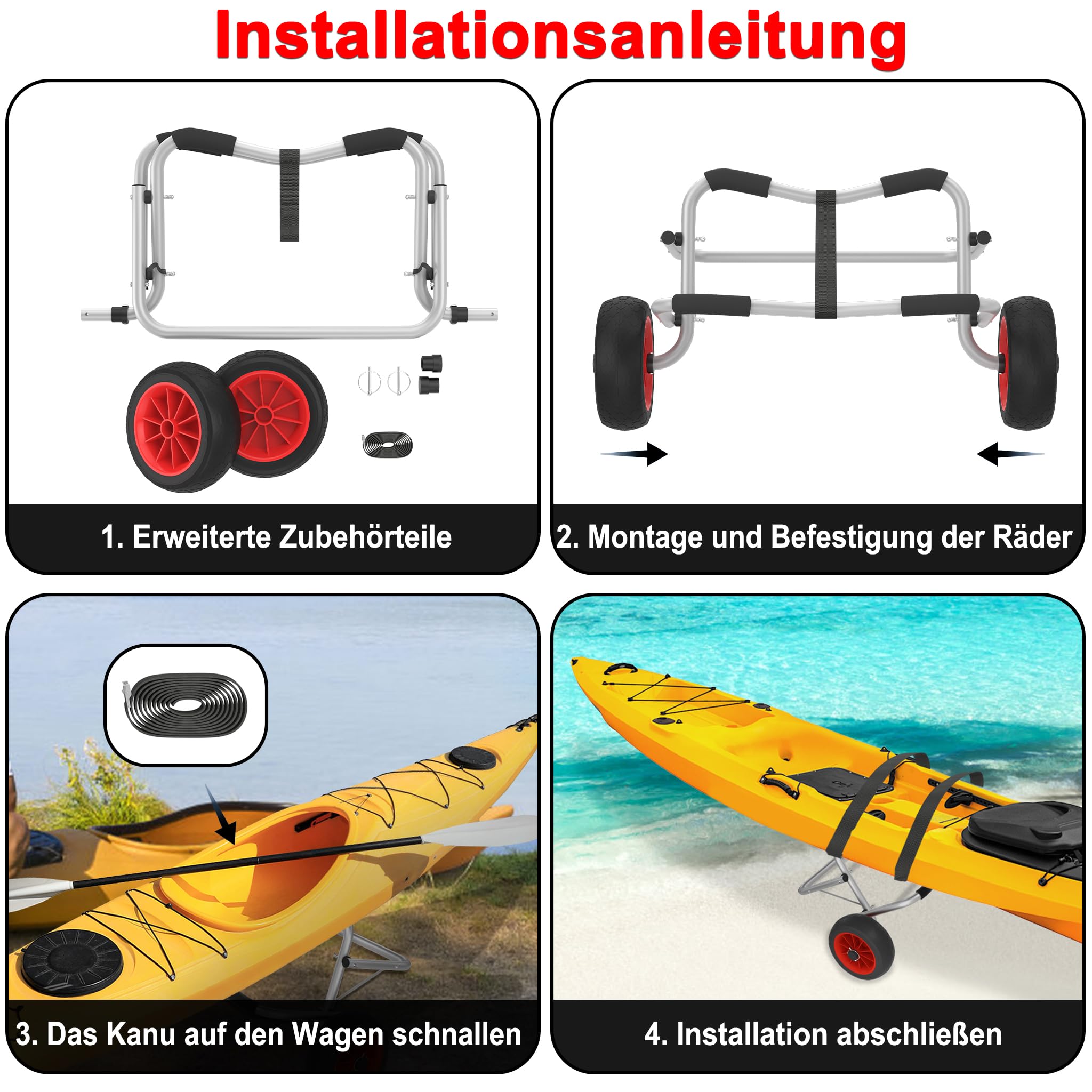 Kanuwagen Faltbarer Alu Kajakwagen SUP Transportwagen mit 2 PU-Räder & Spannriemen bis 100 kg Bootstrailer Trolley,ideal für Boote Kanu Kajak Surfboard Faltboot