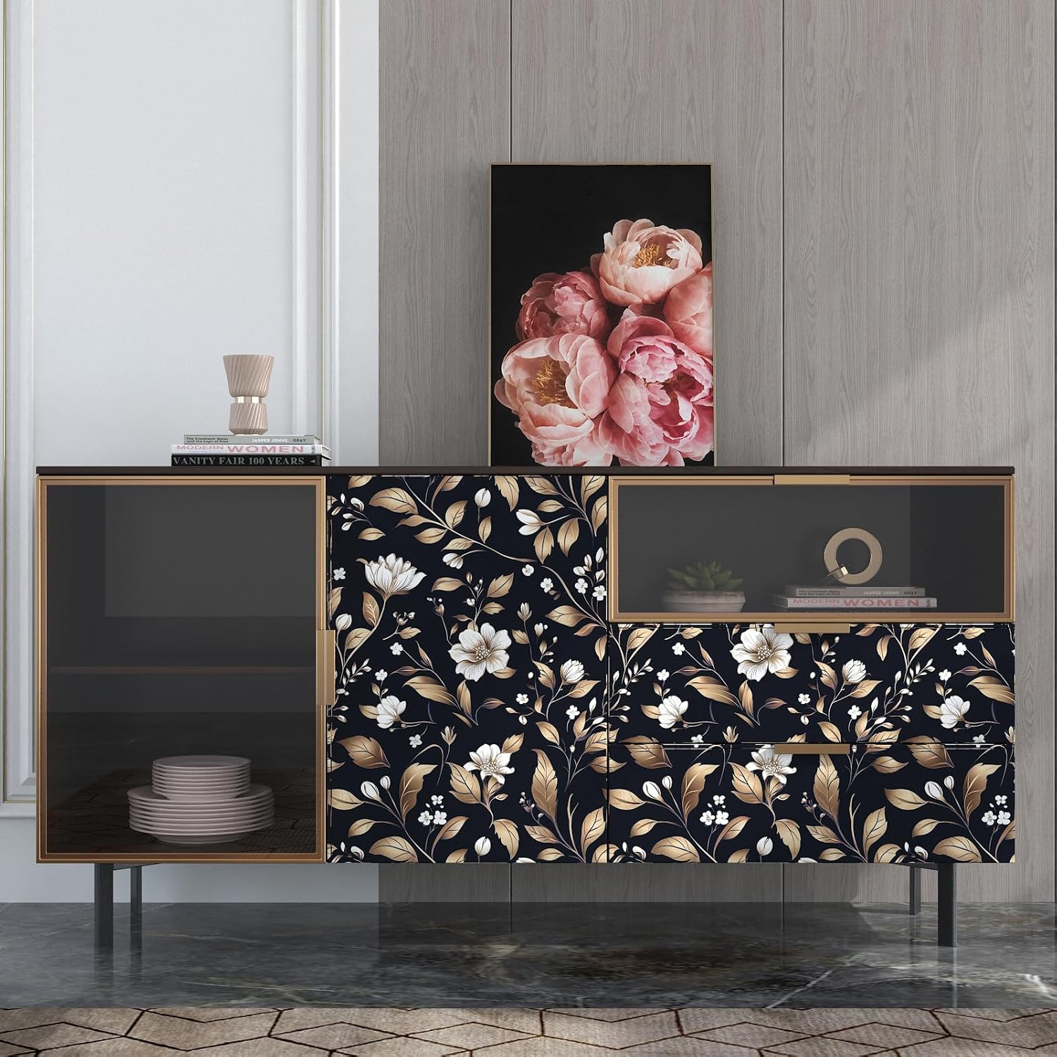 Extra Long Vintage Gold Wallpaper, 17.5" x 393" Classic Black and Gold Floral Self-Adhesive Vinyl Contact Paper for Bedroom, Powder Room, Countertop, Removable Antique Dark Metallic Home Decor