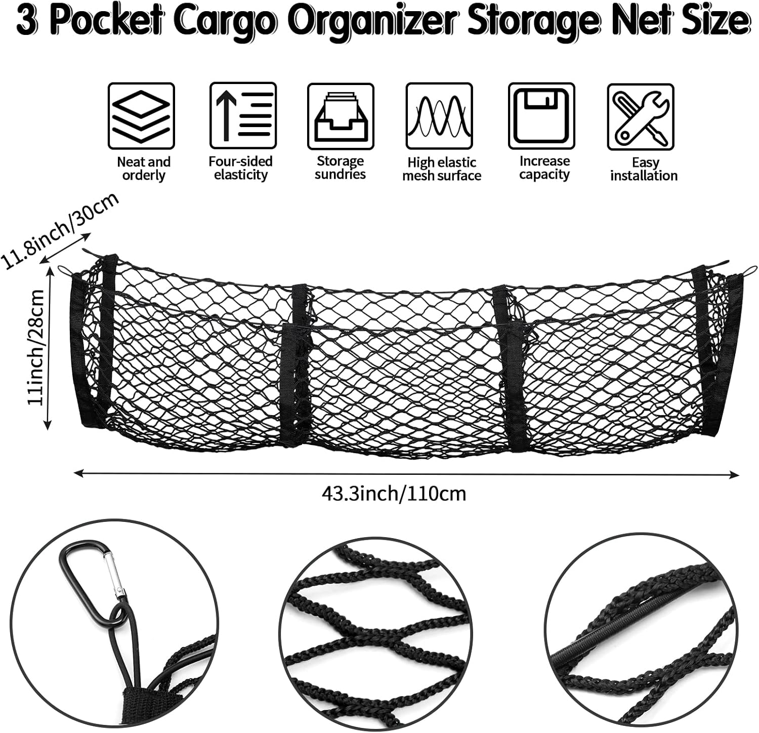 Tallew 2 Pcs Car Rear Cargo Net, Adjustable Elastic Mesh Cargo Net, 3 Pocket Heavy Duty Trunk Bed Storage Organizer, Universal for Car SUV Vehicle Pickup Truck with Accessories(43.3 x 15.7 Inches)