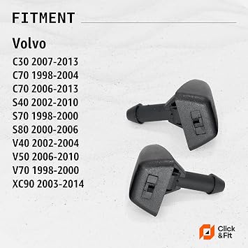 Click&Fit Windscreen Washer Nozzles Compatible with Volvo XC90 V70 S80 C70 S40 V50 C30 S70 V40 from 1998 to 2014 – Screen wash Wiper Spray Jets Replaces 30655605 7845009010 9188997, 2pcs